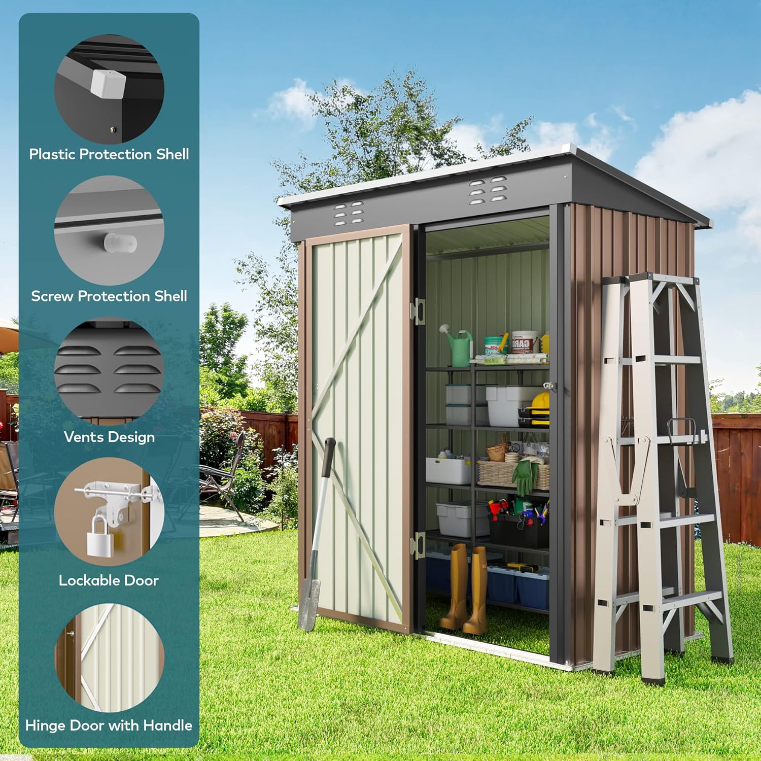 Gizoon 5' x 3' Outdoor Storage Shed with Singe Lockable Door,Galvanized Metal Shed with Air Vent Suitable for The Garden,Tiny House Storage Sheds Outdoor for Backyard Patio Lawn-Brown