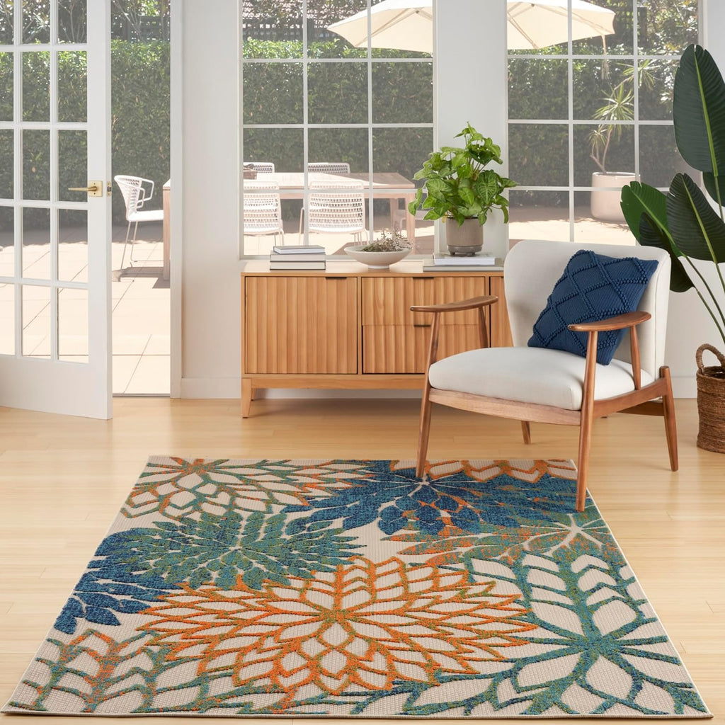 Nourison Home Aloha Indoor Outdoor Blue Green 5'3" x 7'5" Area Rug, Easy Cleaning, Non Shedding, Bed Room, Living Room, Dining Room, Backyard, Deck, Patio (5x7)