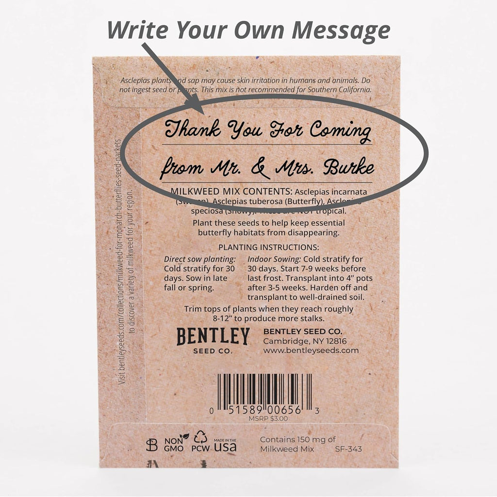 Bentley Seeds Co. Seed Packets for Planting - Party Favors for Indoors and Outdoors Gardening - Non GMO, Non-Coated - Bulk Pack of 25 Milkweed (Common, Showy & Butterfly Mix)