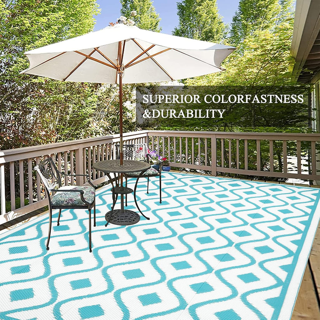 Pauwer Waterproof Outdoor Rug 6x9, Reversible Plastic Straw Patio Camping Rug, Indoor Outdoor RV Mat Carpet for Deck, Camper, Porch, Balcony, Backyard, Picnic, Geometric Teal