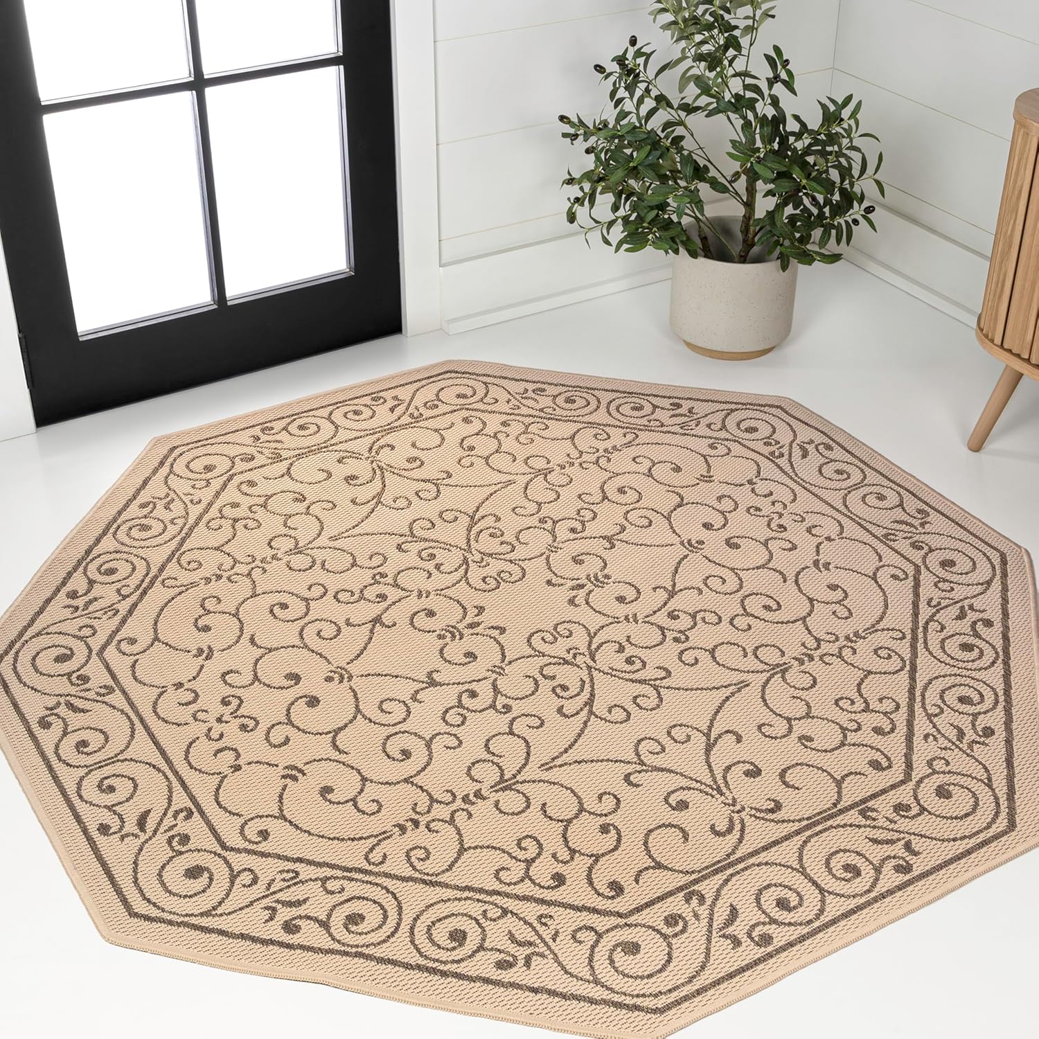 JONATHAN Y SMB106A-5TGN Charleston Vintage Filigree Textured Weave Beige/Brown 5' Octagon Indoor/Outdoor Area Rug, Non-Shedding, Stain Resistant,Fade Resistant, Easy-Cleaning for Backyard Patio, Porch