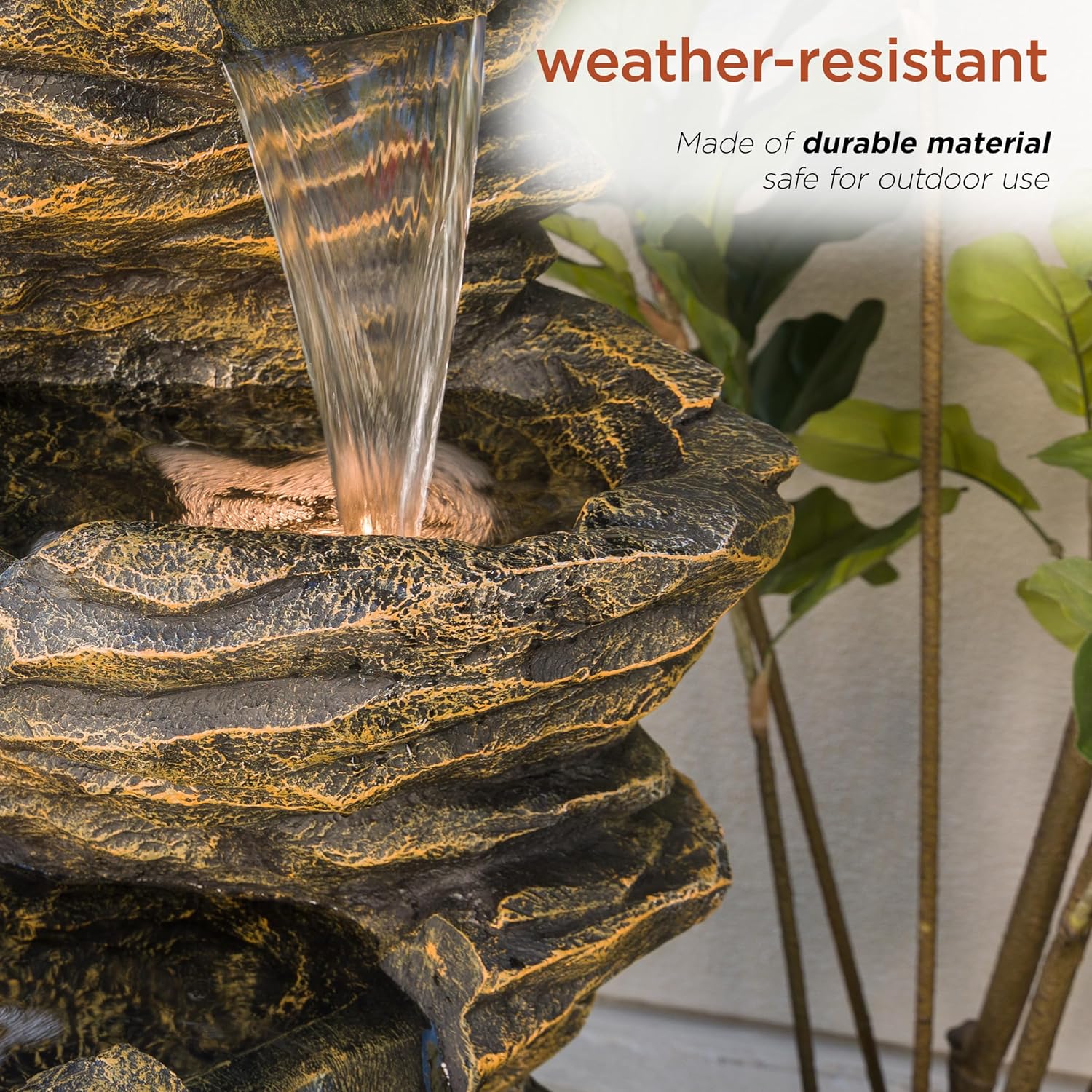 Alpine Corporation GIL110 Outdoor 5 Tiered Natural Look Rock Water Floor Fountain with Replaceable Lights,39" H, Brown