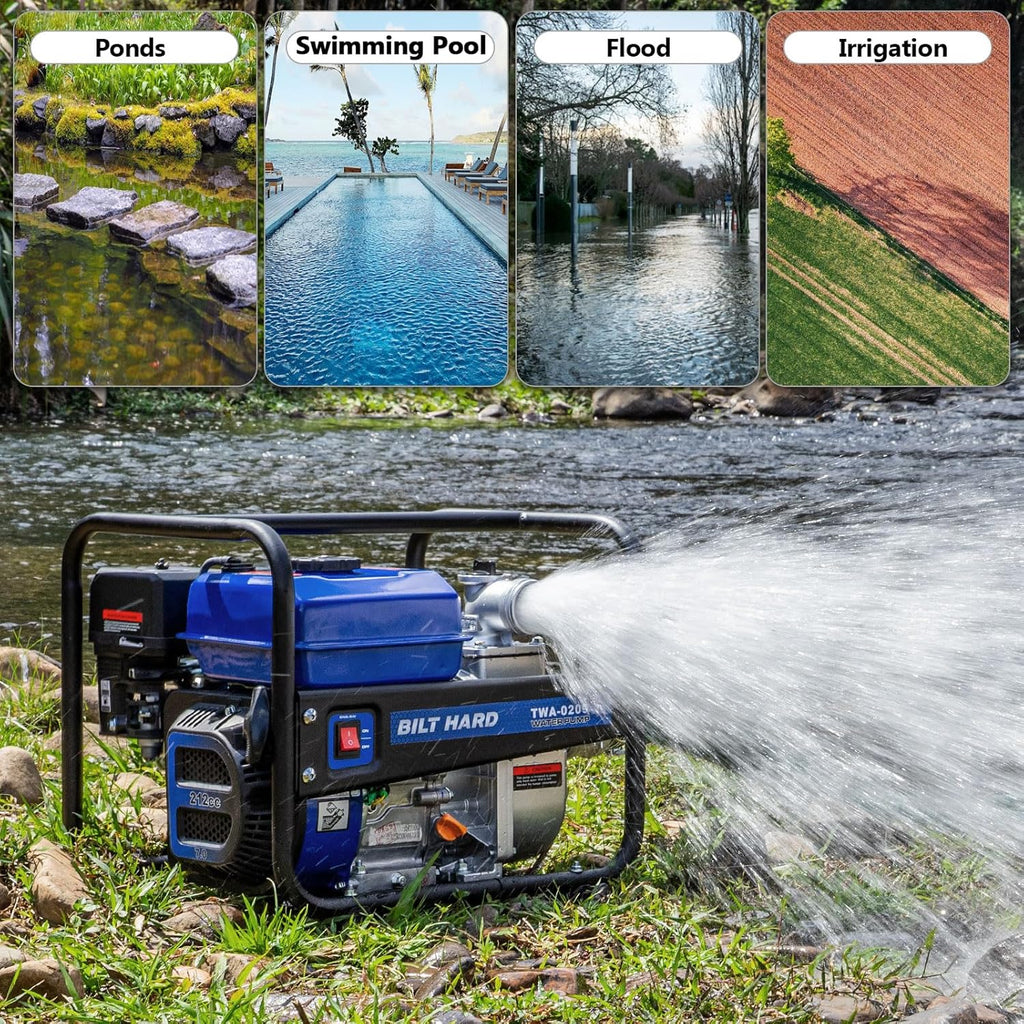 BILT HARD Semi Trash Pump 2 inch, 158 GPM 7HP Gas Powered Water Pump, 212cc 4-Cycle Engine with 50 ft Discharge Hose, 12 ft Suction Hose and Complete Fittings, EPA Certified