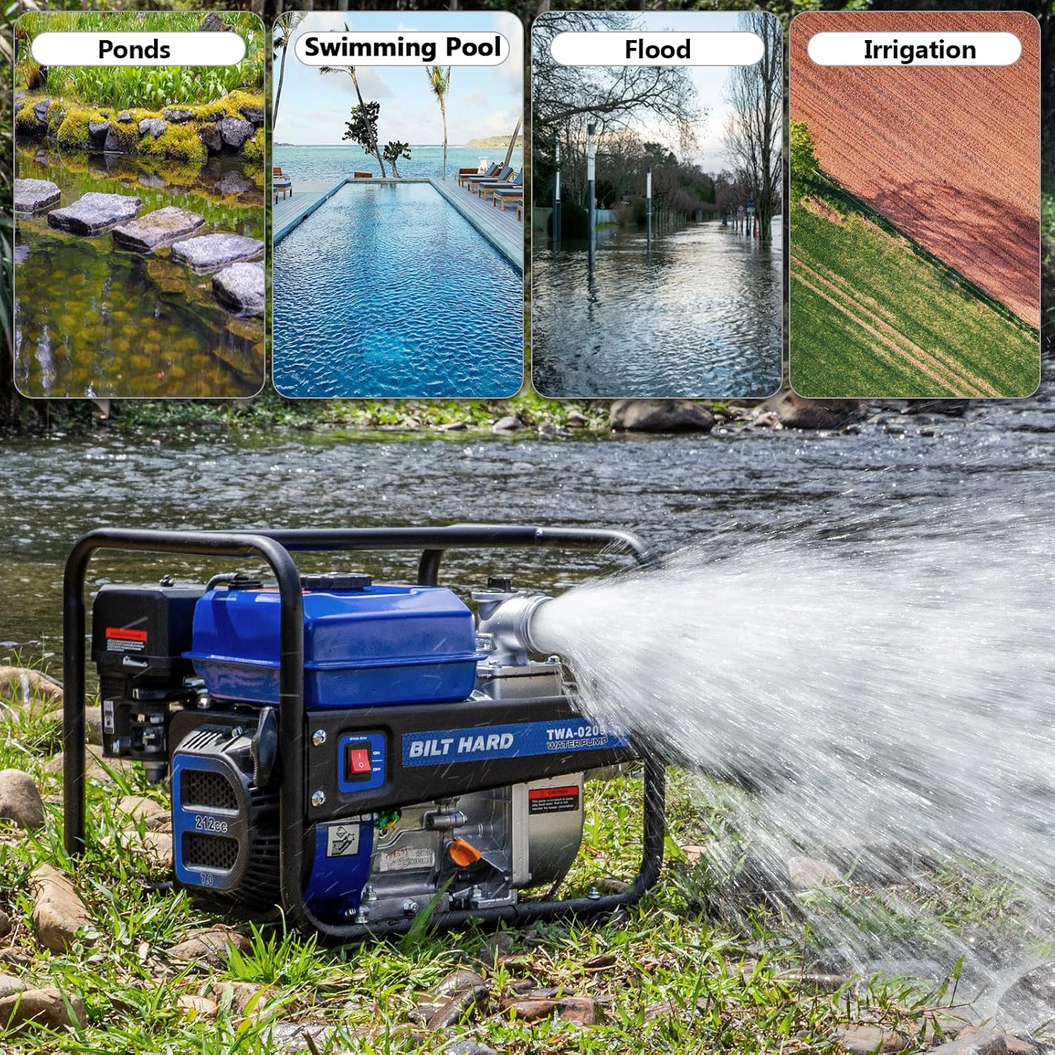 BILT HARD Semi Trash Pump 2 inch, 158 GPM 7HP Gas Powered Water Pump, 212cc 4-Cycle Engine with 50 ft Discharge Hose, 12 ft Suction Hose and Complete Fittings, EPA Certified