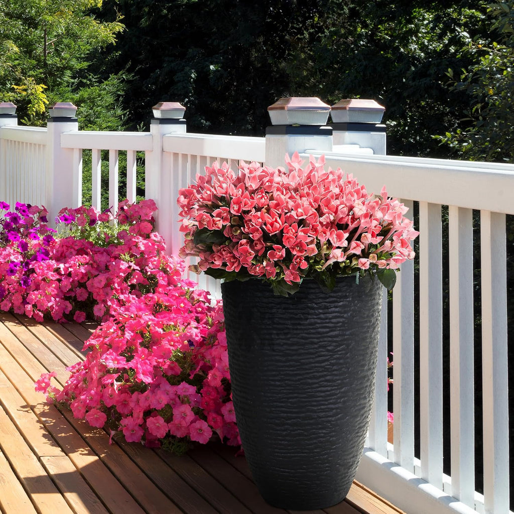 KOL 2-Pack 21in. Tall Plastic Planter - Large Round Tapered Plant Pots with Textured Finish - Black Imitation Stone Looking Big Flower Pots for Indoor & Outdoor Plants - Lightweight and Durable