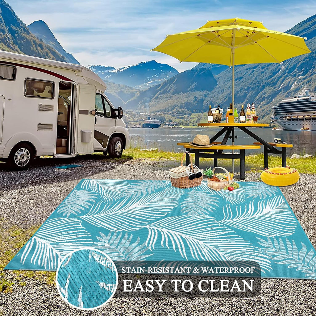 Pauwer Waterproof Outdoor Rug 8x10, Reversible Plastic Straw Patio Camping Rug, Indoor Outdoor RV Mat Carpet for Deck, Camper, Porch, Balcony, Backyard, Picnic, Leaf Teal