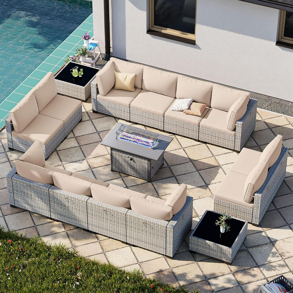 15-Piece Patio Furniture Set, Outdoor Patio Furniture with 55,000 BTU Fire Pit Table, Thick Cushions, Modular Patio Sofa, Dual-Strand Wicker Rattan, Rust-Resistant Frame, Khaki