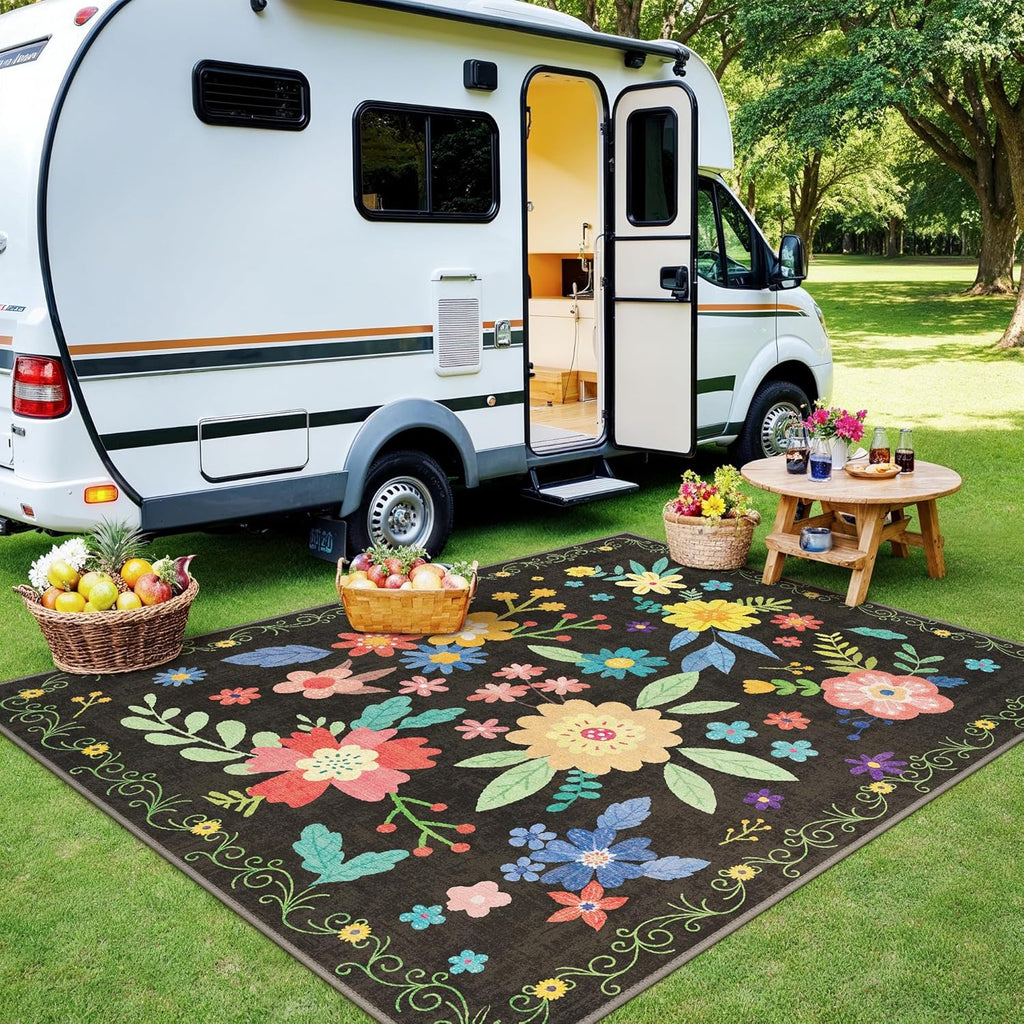 GENIMO Indoor Outdoor Area Rug 5' X 7' Waterproof, Washable Patio Rug Non Shedding, Easy Cleaning Floral Outdoor Carpet for Living Room, Bedroom, Dining Room, Balcony, Backyard, Deck, RV, Black