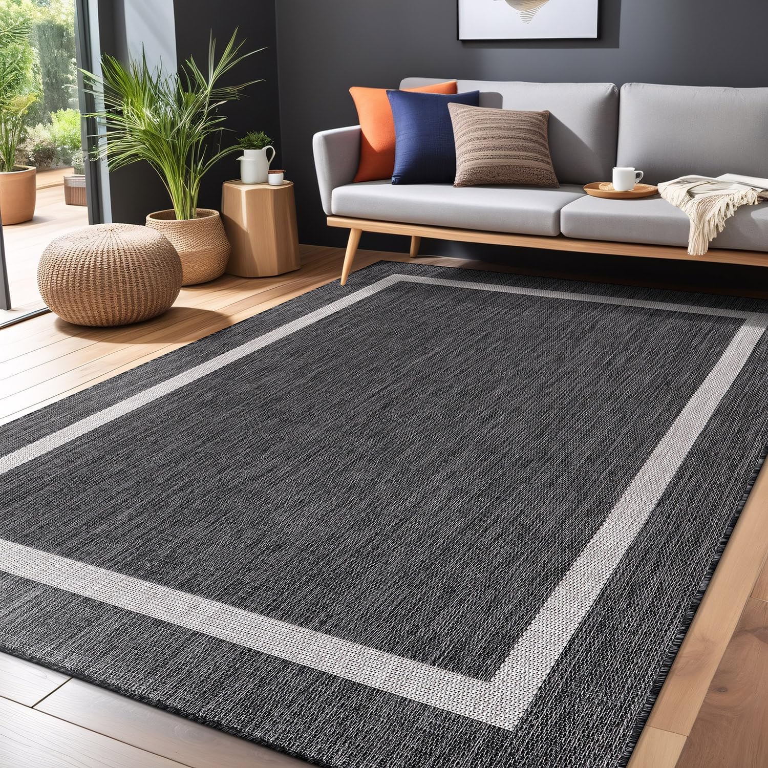 Bordered Outdoor Rug 9x12 Washable Outside Carpet for Indoor Patio Porch Waterproof Easy Cleaning Non Shedding Area Rugs Gray 9 x 12