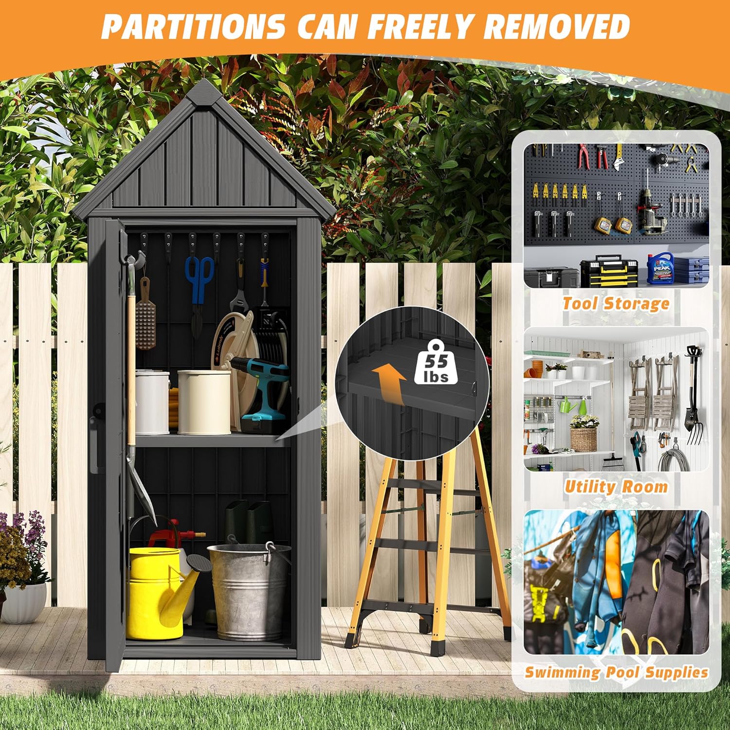 Shed Outdoor Storage Shed with Sloping Roof and Lockable Door, Resin Outdoor Storage Box Cabinet Waterproof and Multiple Hooks for Backyard, Patio, Poolside, Black