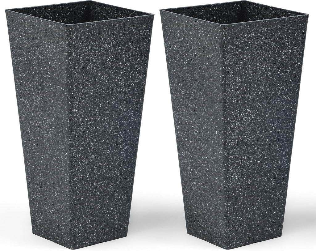 28" Tall V-Shaped Planters Set of 2, Oversized Plastic Flower Pots for Garden Patio Porch or Indoor Home Decor, Weather-Resistant Outdoor Planter Boxes, Hand-Painted Black Terrazzo-Look