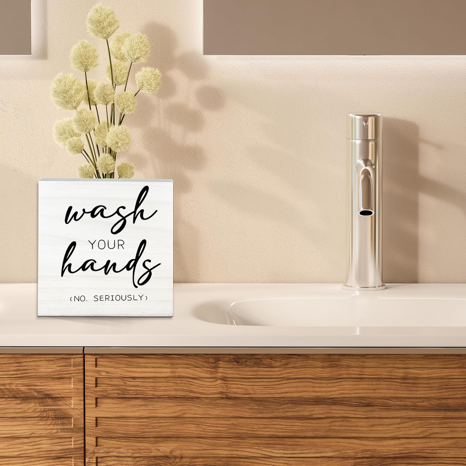 Wash Your Hands No Seriously Wooden Sign - Funny White Block Plaque Desk Decoration-5x5 inches Rustic Wood Block Gifts For Friends Family Coworkers-Restroom Bathroom Tabletop Favors & Supplies-A05