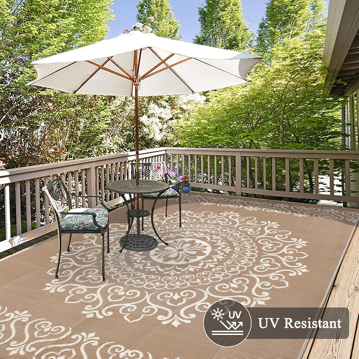 Pauwer Waterproof Outdoor Rug 8x10, Reversible Plastic Straw Patio Camping Rug, Indoor Outdoor RV Mat Carpet for Deck, Camper, Porch, Balcony, Backyard, Picnic, Floral Brown