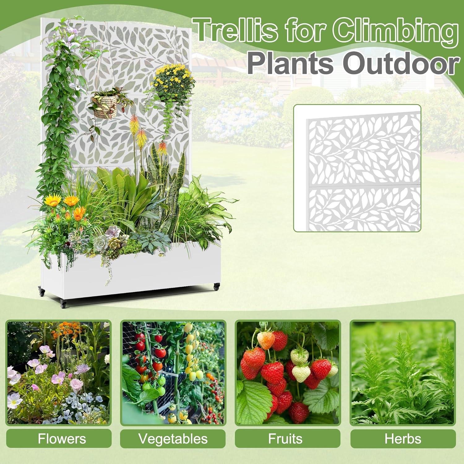 Raised Garden Bed with Trellis and Wheels,73"x47"x16" Metal Raised Garden Bed,White Flowing Leaf-2 Metal Planter with Climbing Trellis for Vines & Vegetables