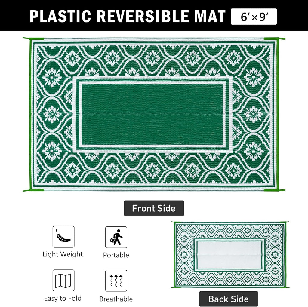 Plastic Outdoor Rug 6'x9' Waterproof Camping Carpet Outside Area Rug Reversible Green Rugs for RV Deck Entryance Porch Picnic Balcony Beach