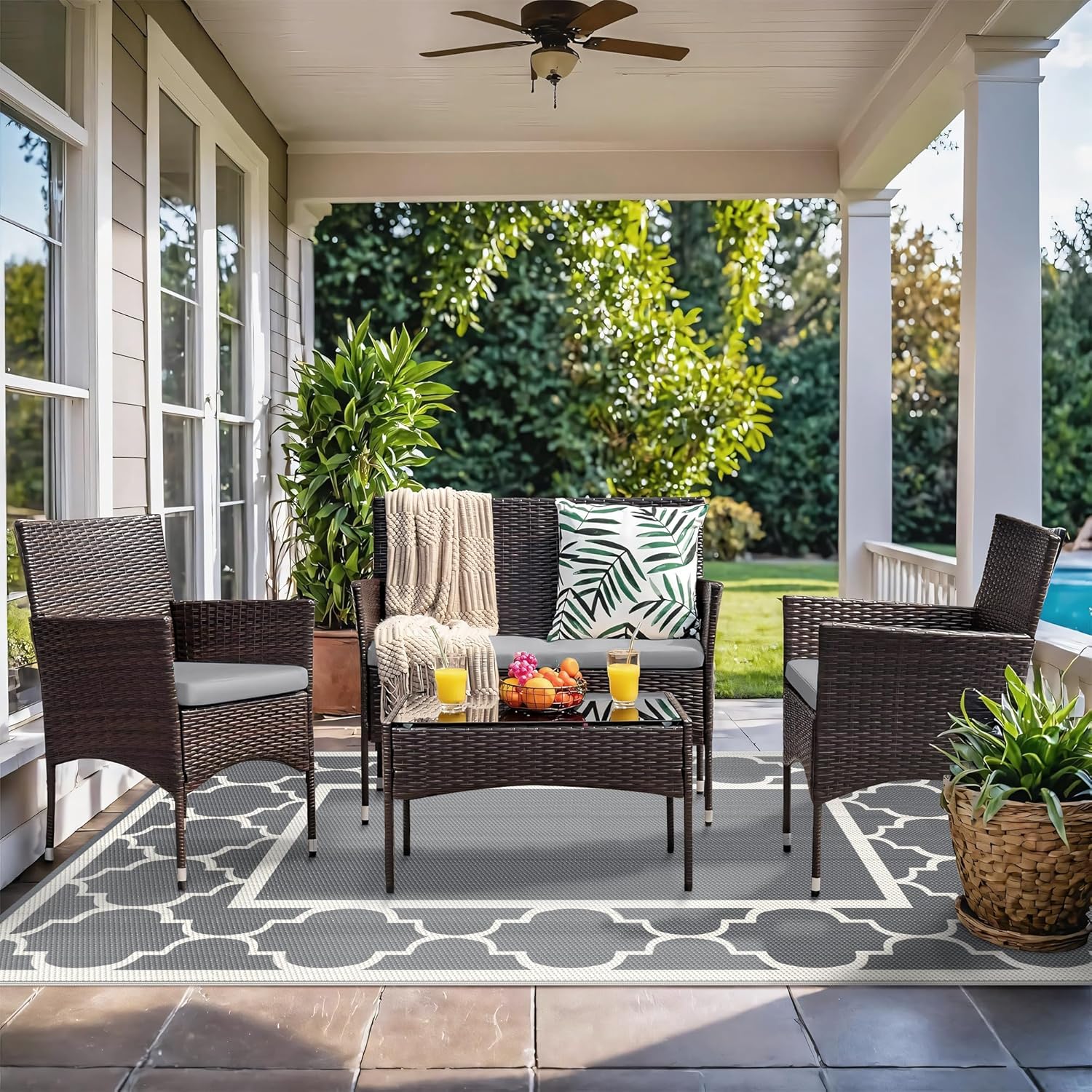 GENIMO 5 ' x 8 ' Outdoor Rug for Patio, Waterproof Indoor Outdoor Plastic Straw Rugs Carpet, Reversible Outside Area Mat for Camping, Balcony Porch, Deck, Picnic, Beach Grey & Beige White