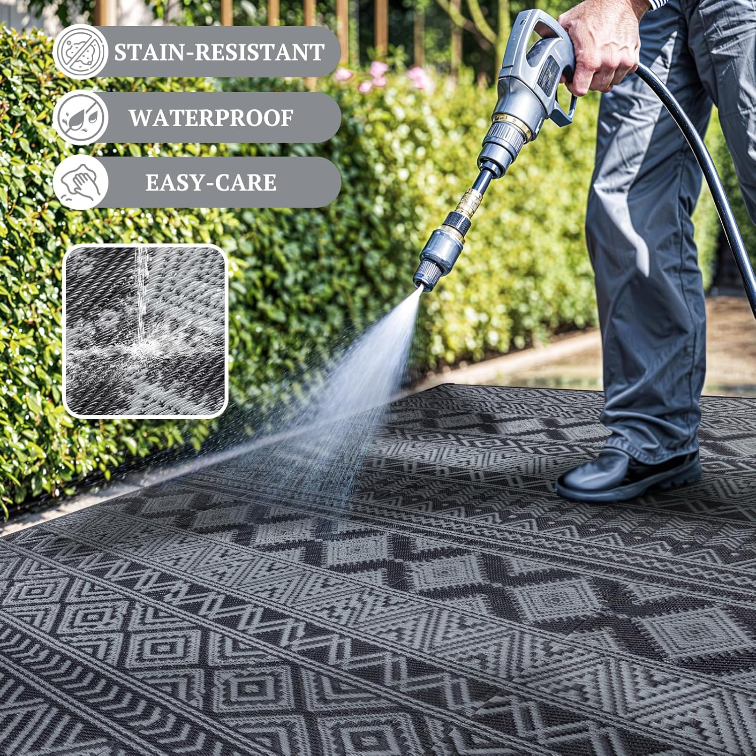 8'x10' Reversible Outdoor Rug - Eco-Friendly Plastic Straw Rug-Heavy-Duty Waterproof Mat, UV & Fade Resistant for Patio, Camping, RV, Deck, Balcony(8x10,Black&Gray)