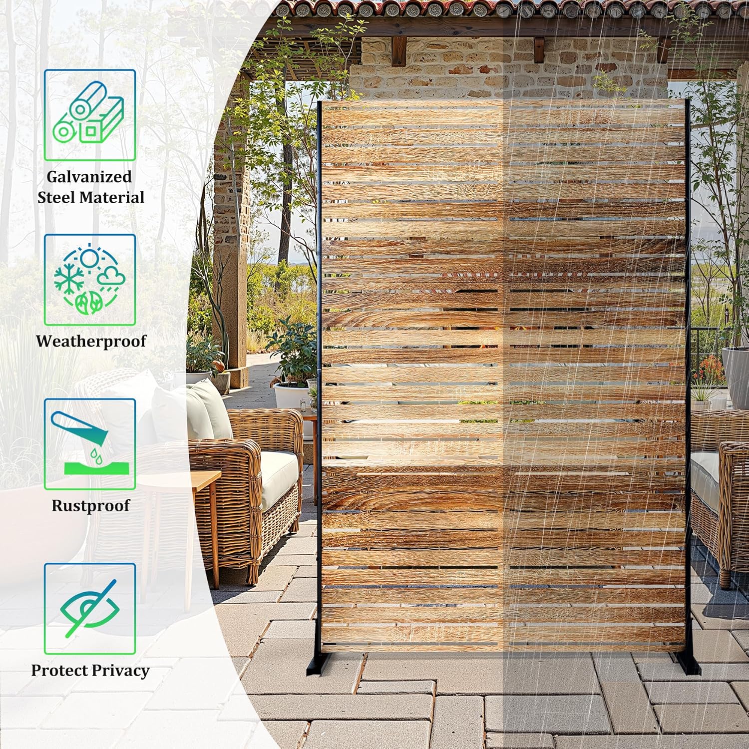 FENCY Outdoor Privacy Screen, 72" H×47" W Metal Patio Privacy Screen, Freestanding Decorative for Deck Balcony Patio Natural Wood Color