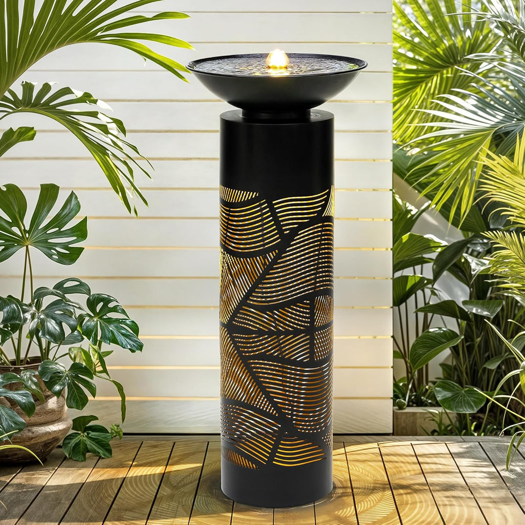 31.5" H Metal Cutout Geometric Patterns Outdoor Water Fountain with LED Lights, 2-Tier Modern Pedestal Waterfall Fountains, Ideal for Garden, Yard, Patio Décor