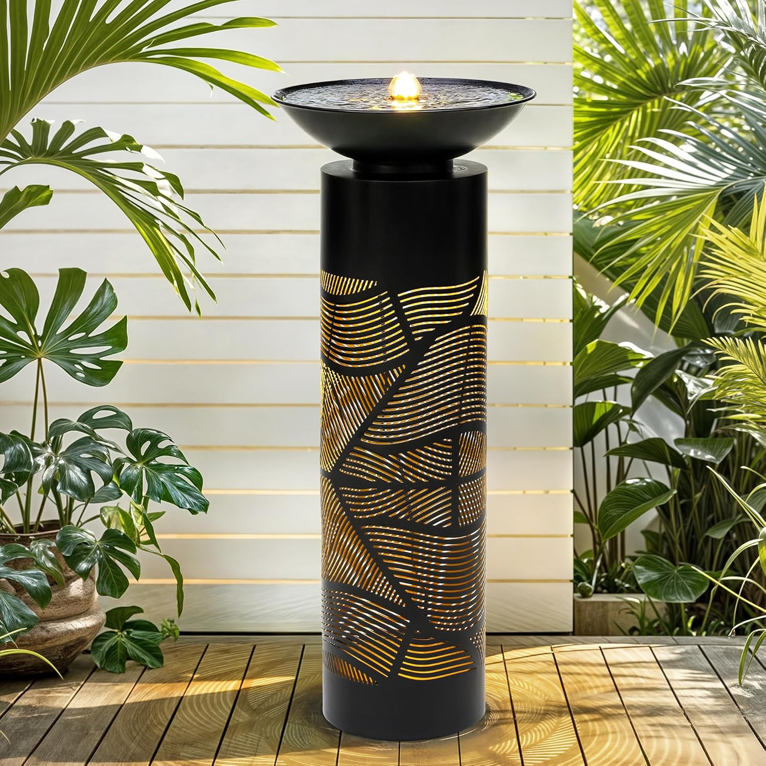 31.5" H Metal Cutout Geometric Patterns Outdoor Water Fountain with LED Lights, 2-Tier Modern Pedestal Waterfall Fountains, Ideal for Garden, Yard, Patio Décor