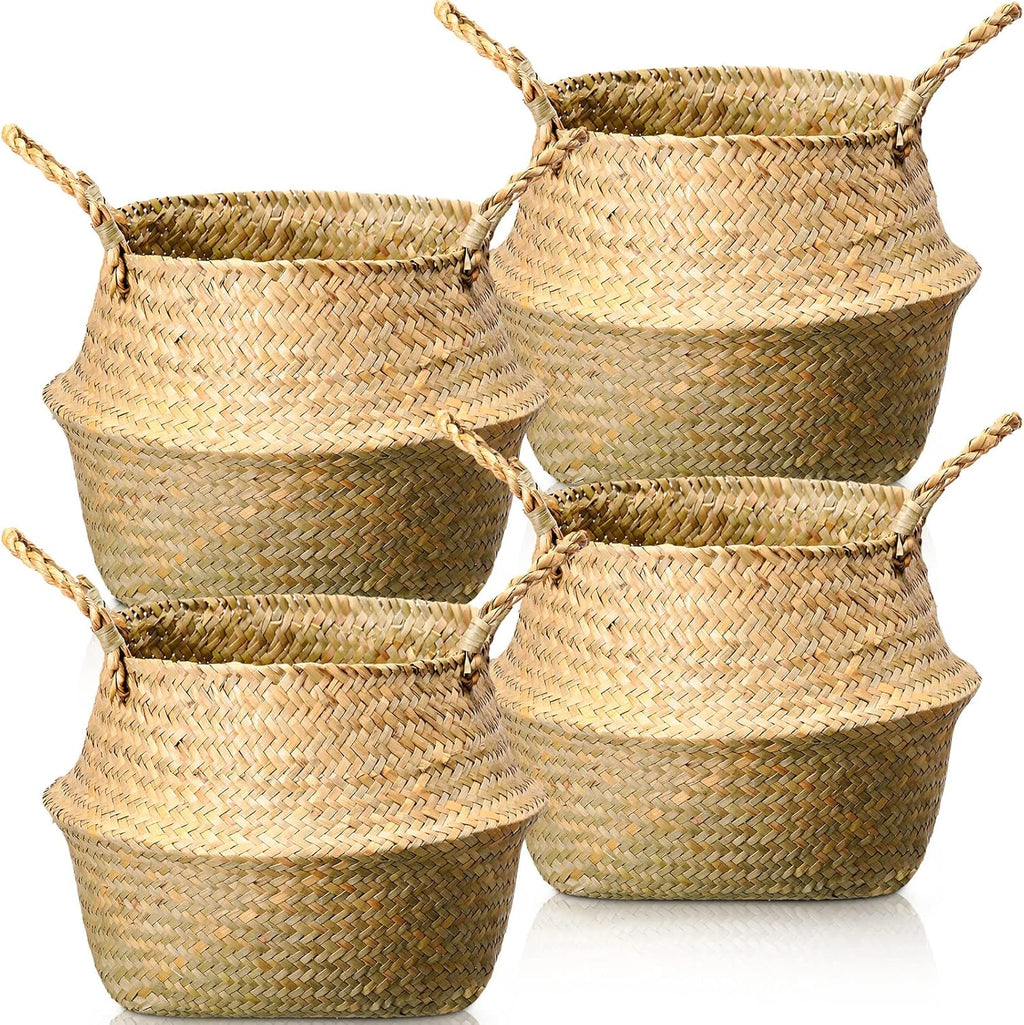 Qunclay Woven Seagrass Baskets Belly Basket Folding Boho Natural Plant Pot with Handles Round Decorative Wicker Large Indoor Planter for Home Outdoor Tree Planters Decor(9 x 11 Inch, 4 Pcs)