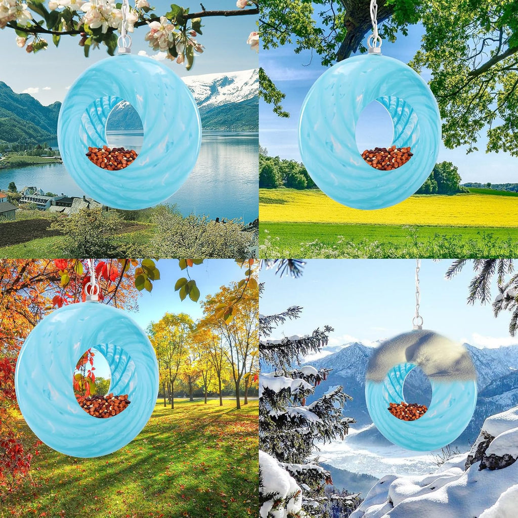 Bird Feeder Fly Through Bird Feeders for Outside Hanging with Round Shape Glass Container Solar Wild Birds Feeder for Garden Decor, 8-Inch (Cyan)