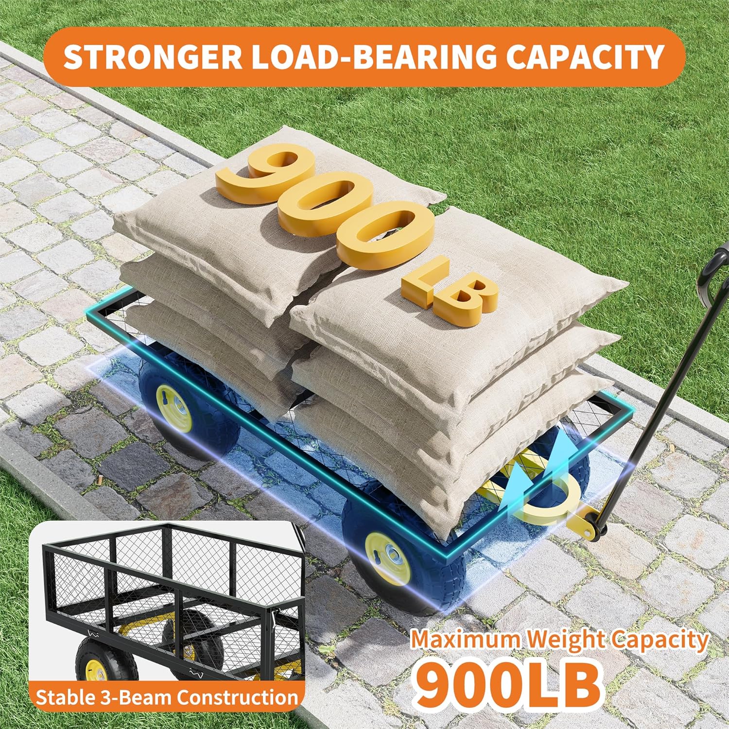 900 Lbs Garden Wagon, 2-in-1 Heavy-Duty Steel Garden Cart, with 10 Inch All-Terrain Tires and Removable Mesh Side Panels, 180° Rotating Handle, Metal Utility Yard Trailer, Outdoor Gardens Wagon Cart