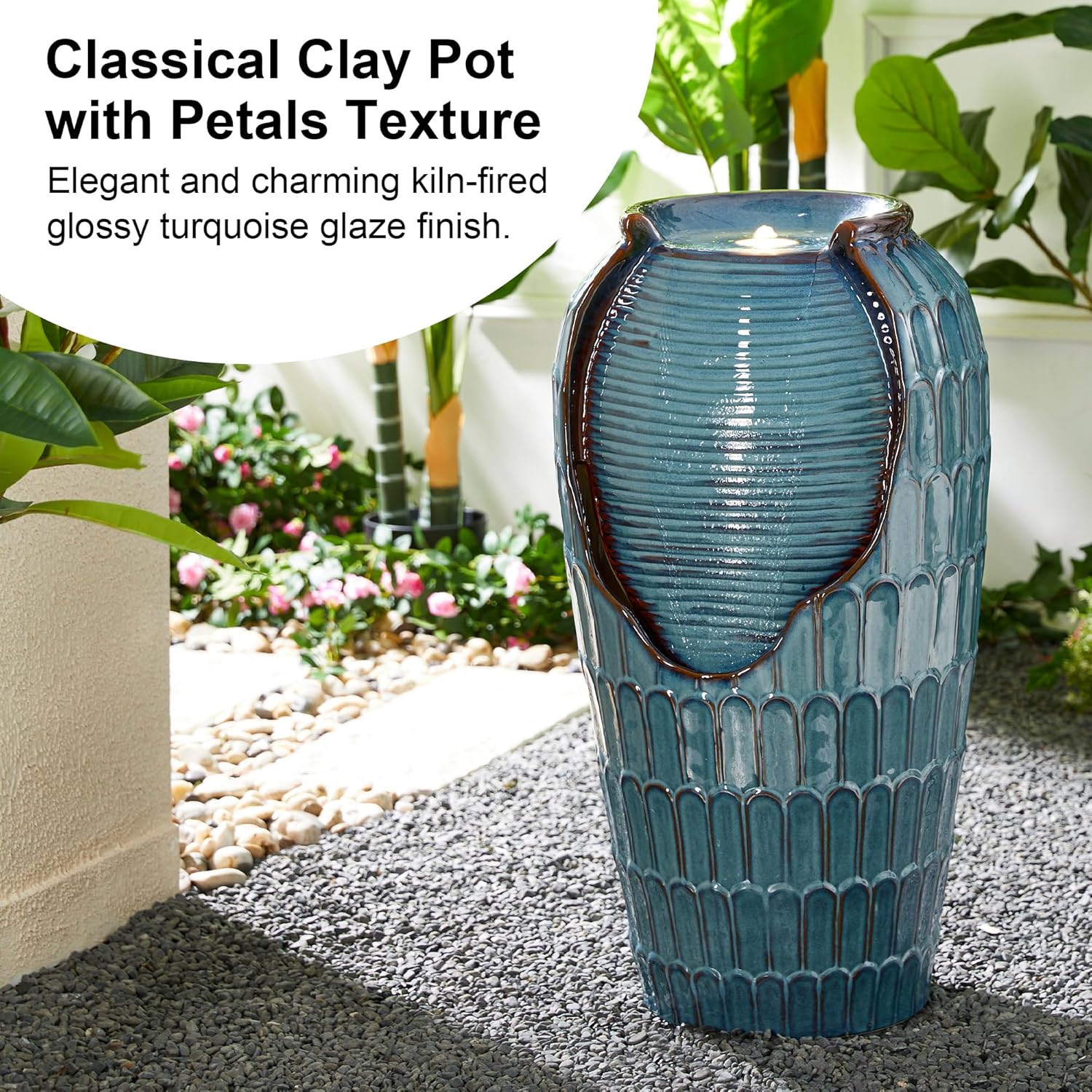 Glitzhome 28.25" H Oversized Ceramic Petals Textured Jar Outdoor Water Fountain, Vintage Turquoise Glaze Vase Patio Garden Waterfall Fountain with LED Light and Submersible Pump
