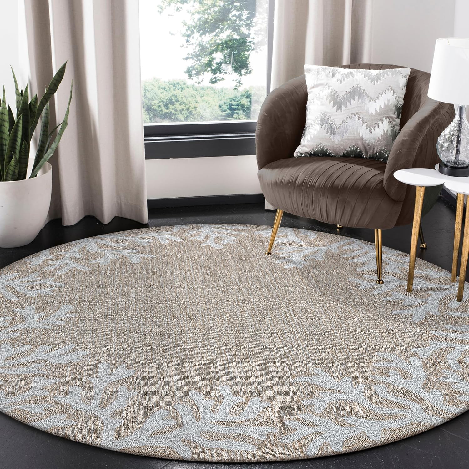 Liora Manne Capri Coastal Coral Border Neutral Indoor/Outdoor Rug, 8' Round