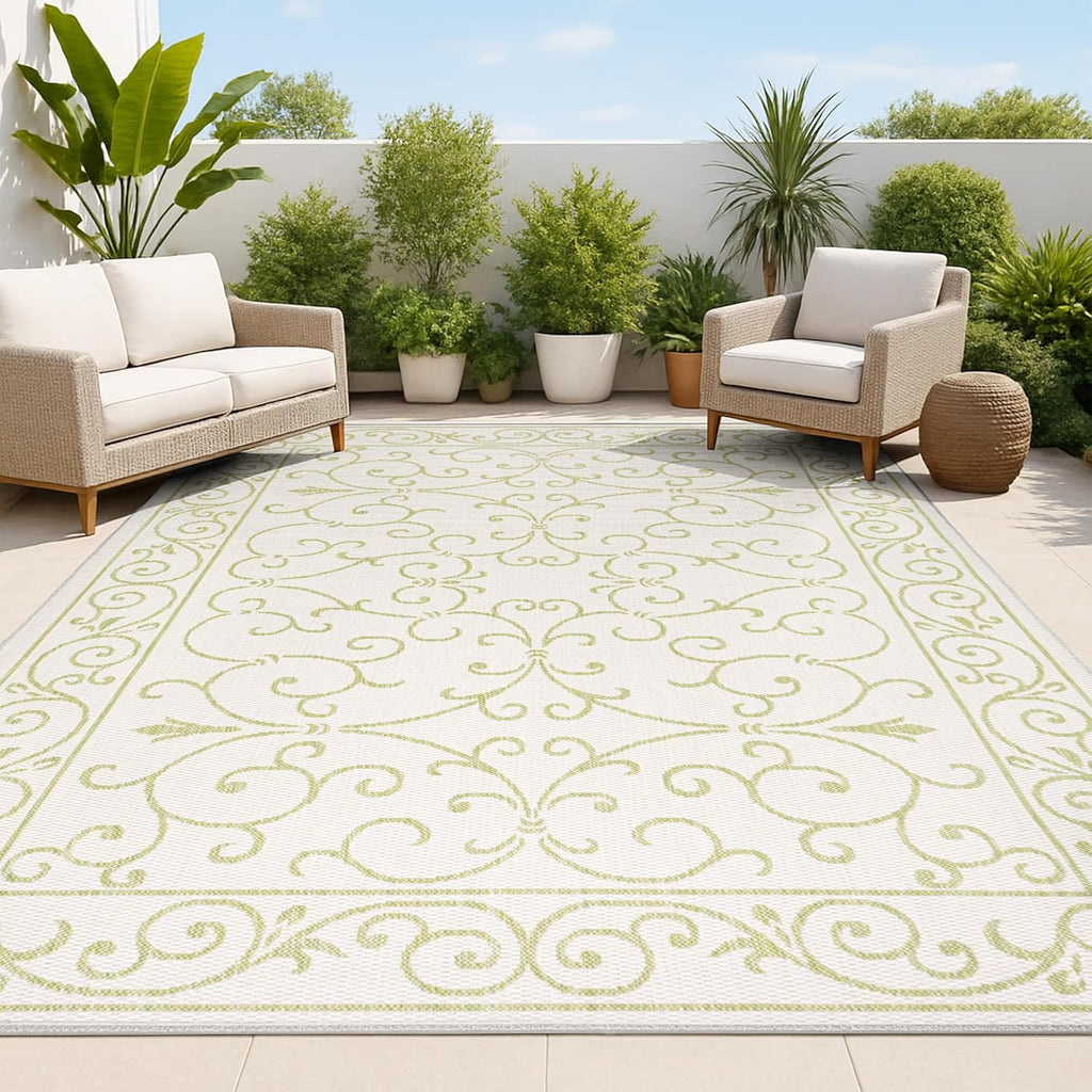 JONATHAN Y SMB106I-3 Charleston Vintage Filigree Textured Weave Indoor Outdoor Area Rug, Coastal,Traditional,Transitional Easy Clean,Bedroom,Kitchen,Backyard,Patio, Non-Shed, Cream/Green, 3 X 5