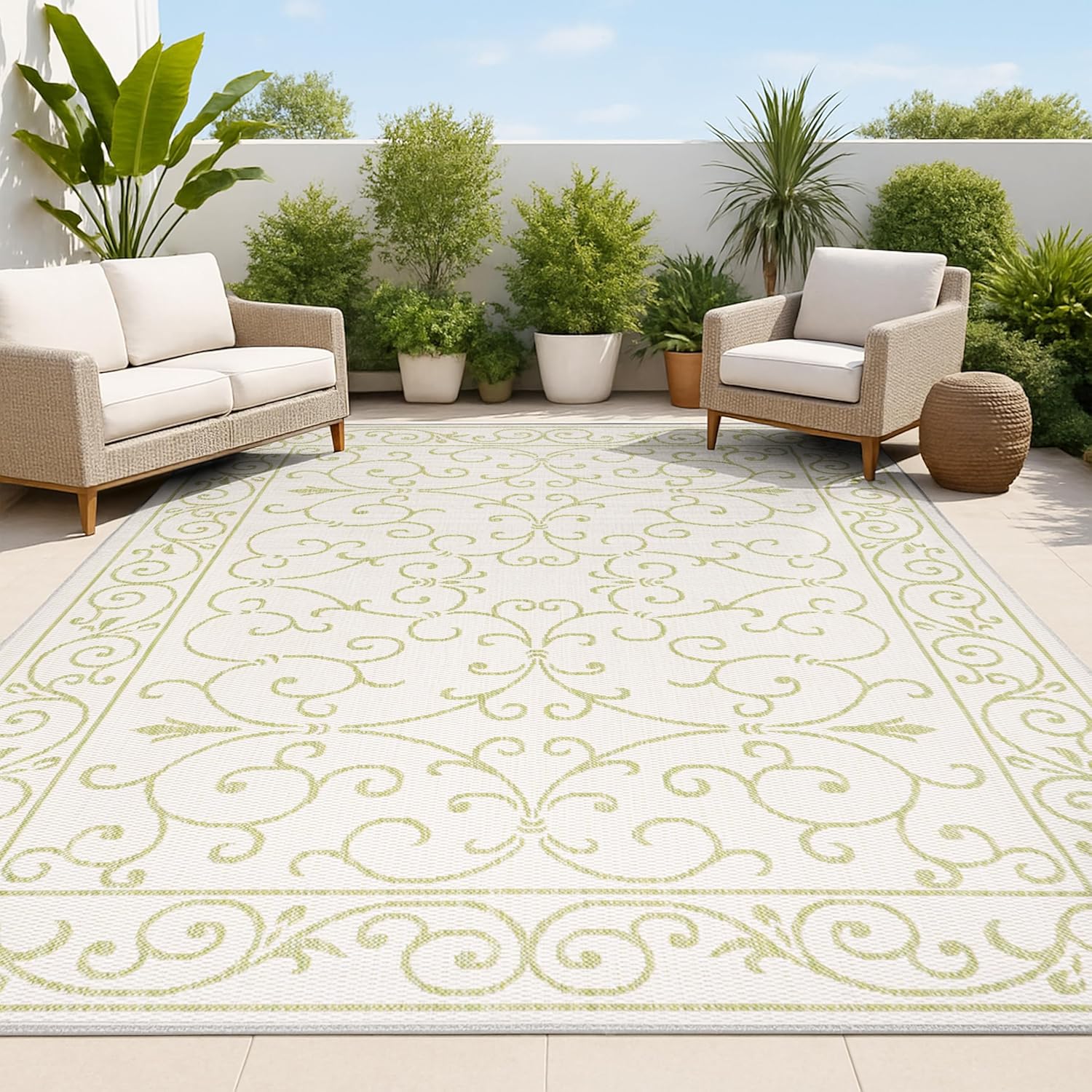 JONATHAN Y SMB106I-3 Charleston Vintage Filigree Textured Weave Indoor Outdoor Area Rug, Coastal,Traditional,Transitional Easy Clean,Bedroom,Kitchen,Backyard,Patio, Non-Shed, Cream/Green, 3 X 5