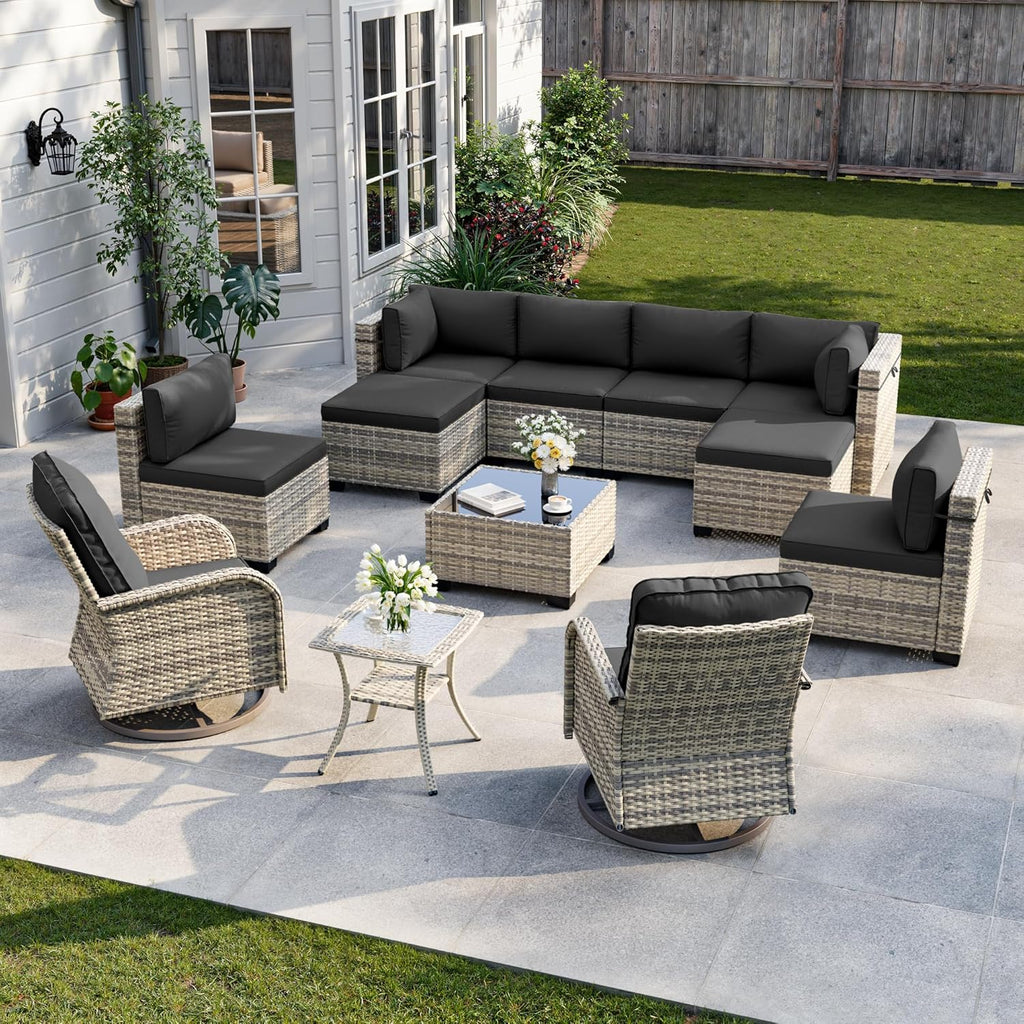 12-Piece Patio Furniture Set, Outdoor Patio Furniture with Swivel Chairs Set, Ottomans, Modular Patio Sofa, Dual-Strand Wicker Rattan, Rust-Resistant Frame, Black