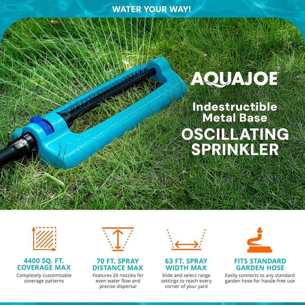 Aqua Joe SJI-OMS20 Jumbo Oscillating Sprinkler with Adjustable Spray and Metal Base, Up to 4,400-Square-Foot Coverage, 70-Foot Spray Distance, 63-Foot Spray Width