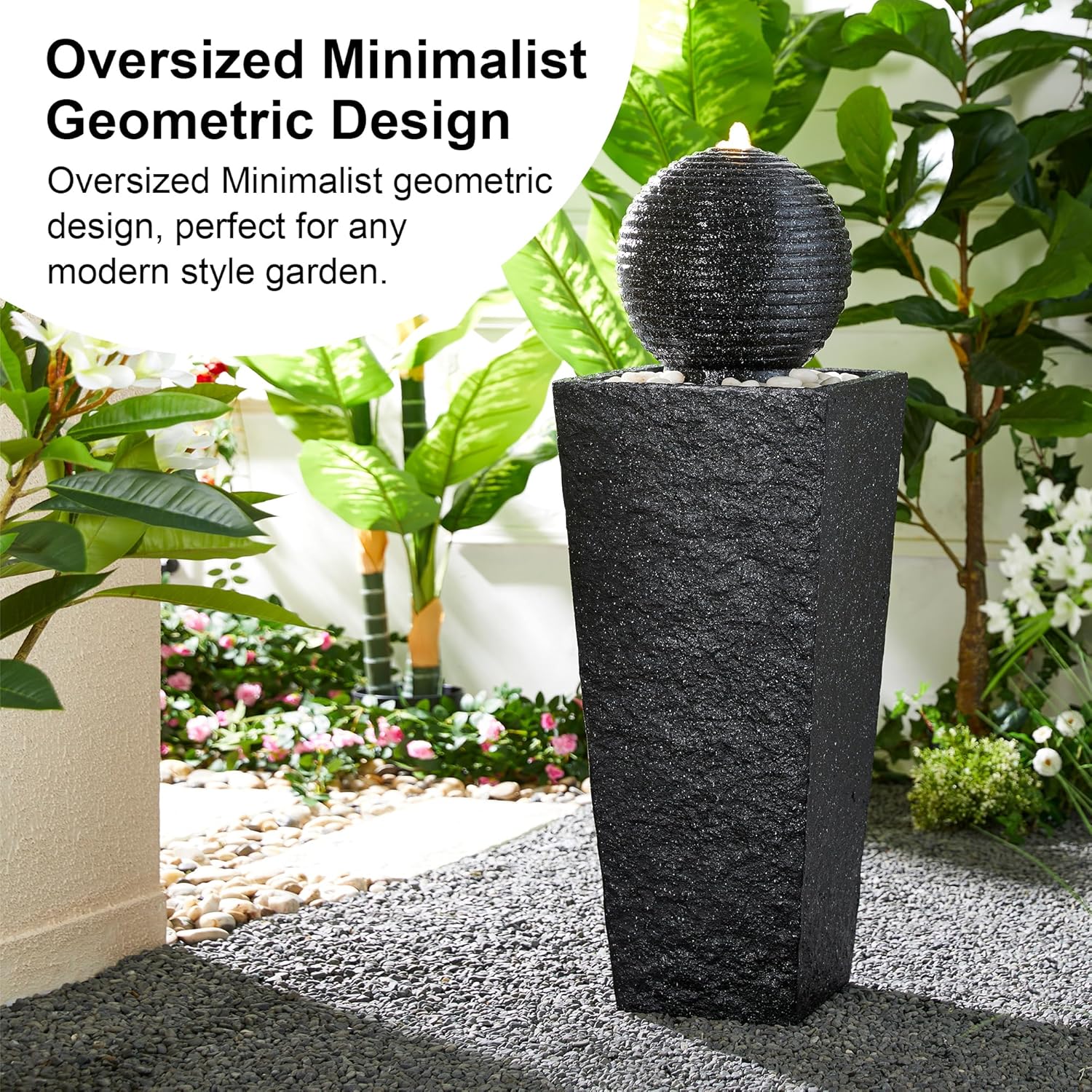 Glitzhome Outdoor Water Fountain with LED Light, Oversized Decorative Black Pedestal Water Fountains with Submersible Pump, Modern Sphere Floor Fountain with Pebbles for Garden Patio Decor, 40.75”H
