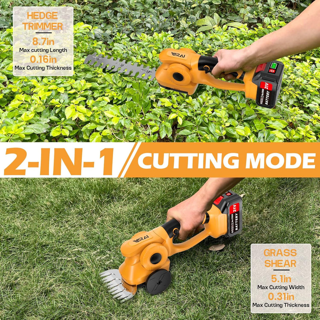 Cordless Hedge Trimmer, 2-in-1 Hedge Trimmer, Ultra Long Battery Life with Battery*2, high-Power and high-Capacity Grass Trimmer for Gardens, Yards and lawns, Including Charger