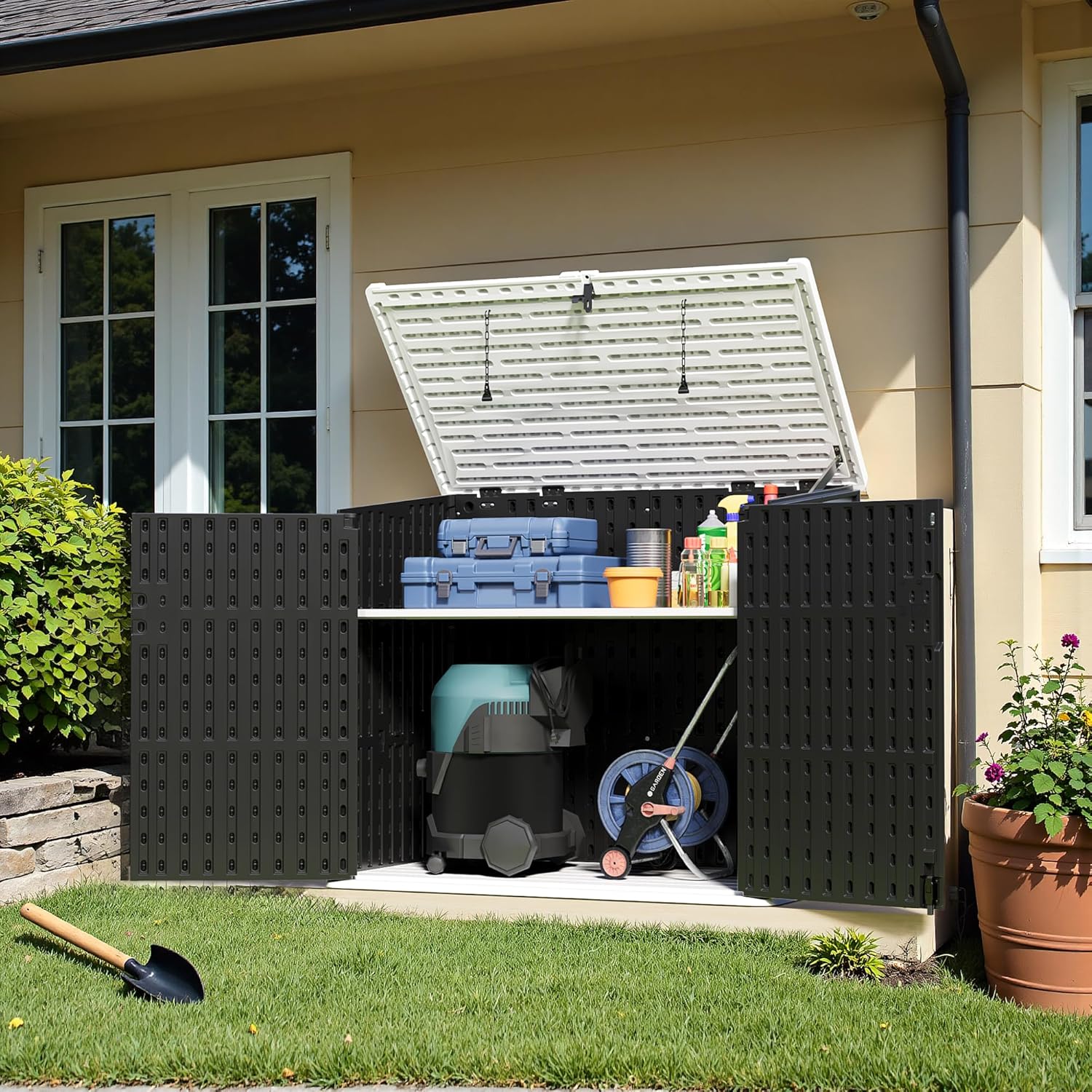 Greesum Outdoor Resin Storage Shed, 34 Cu.ft Horizontal Outdoor Storage Box Waterproof for Garden, Pool Storage, Garbage Cans, Black