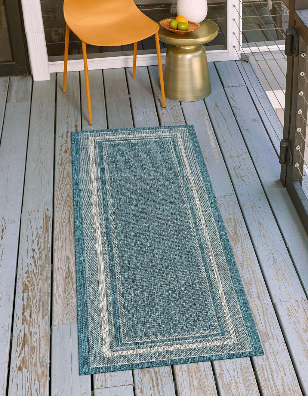 Unique Loom Outdoor Border Collection Area Rug - Soft Border (2' x 8' Runner, Teal/ Ivory)