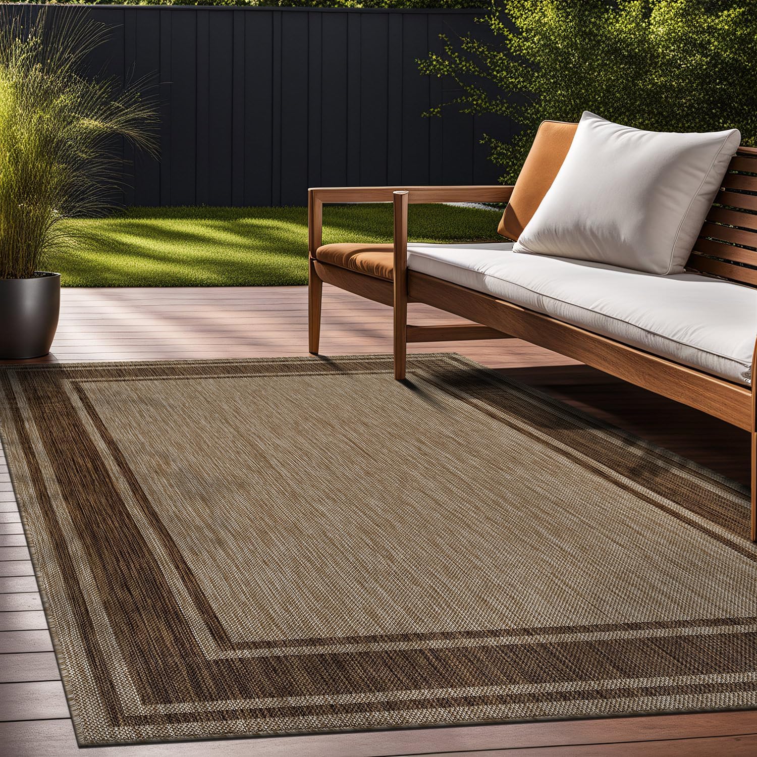 Beverly Rug Outdoor Rug 6x9 Modern Bordered Area Rugs for Indoor and Outdoor Patio Deck Porch Garden Waterproof Weather Sun Resistant Washable Outside Carpet (6 x 9 Jute)