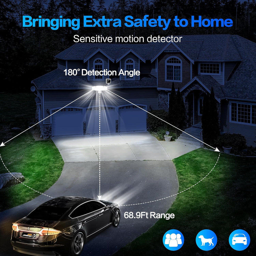 Energetic Solar Outdoor Lights, 1800LM 150 LED Security Motion Sensor Outdoor Lights with Remote Control, IP65 Waterproof Floodlight, 3 Head Motion Detected Spotlight for Garage, Pack of 2 (White)