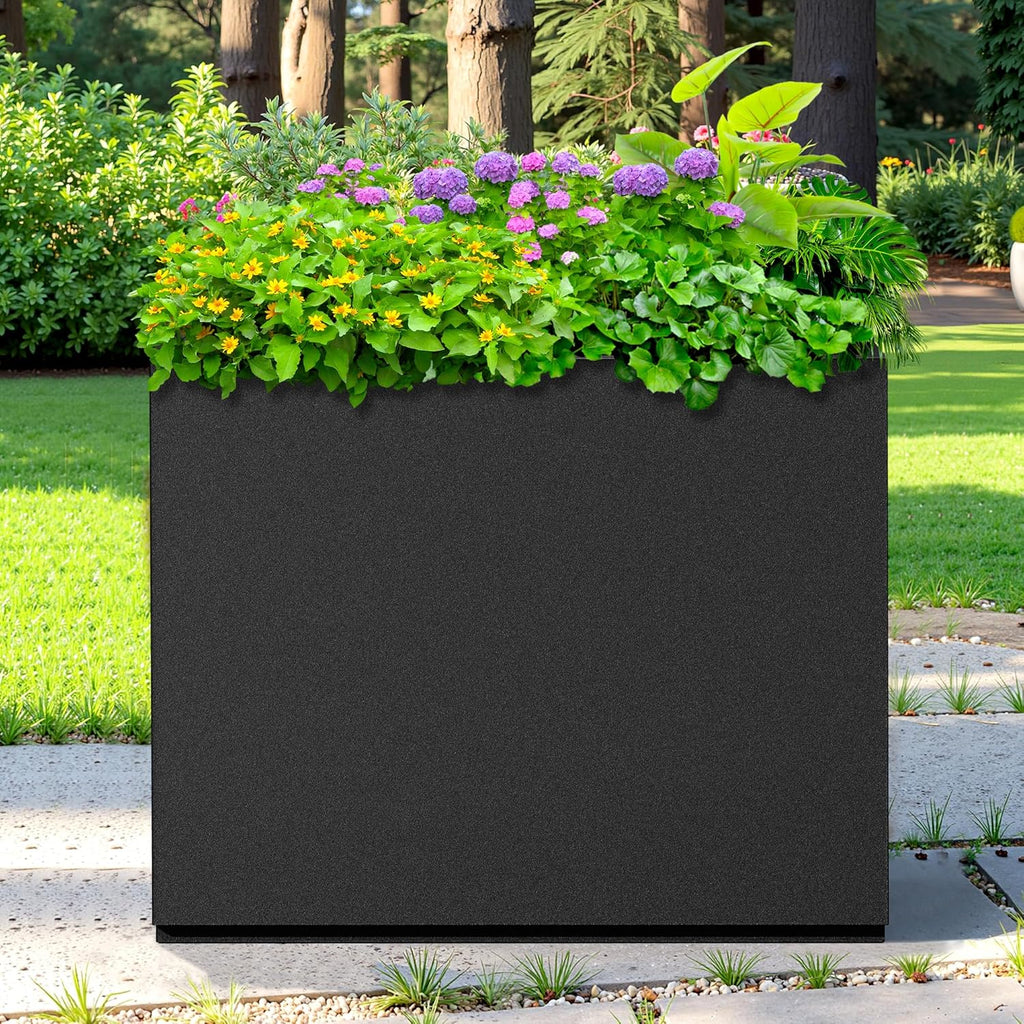 Rectangle Planter for Indoor & Outdoor, Tall and Long Planter Boxes with Drainage Holes, Mental Divider Planter Box All-Weather Use for Plants, Flowers, 29.9" L x 12" W x 24" H, Black