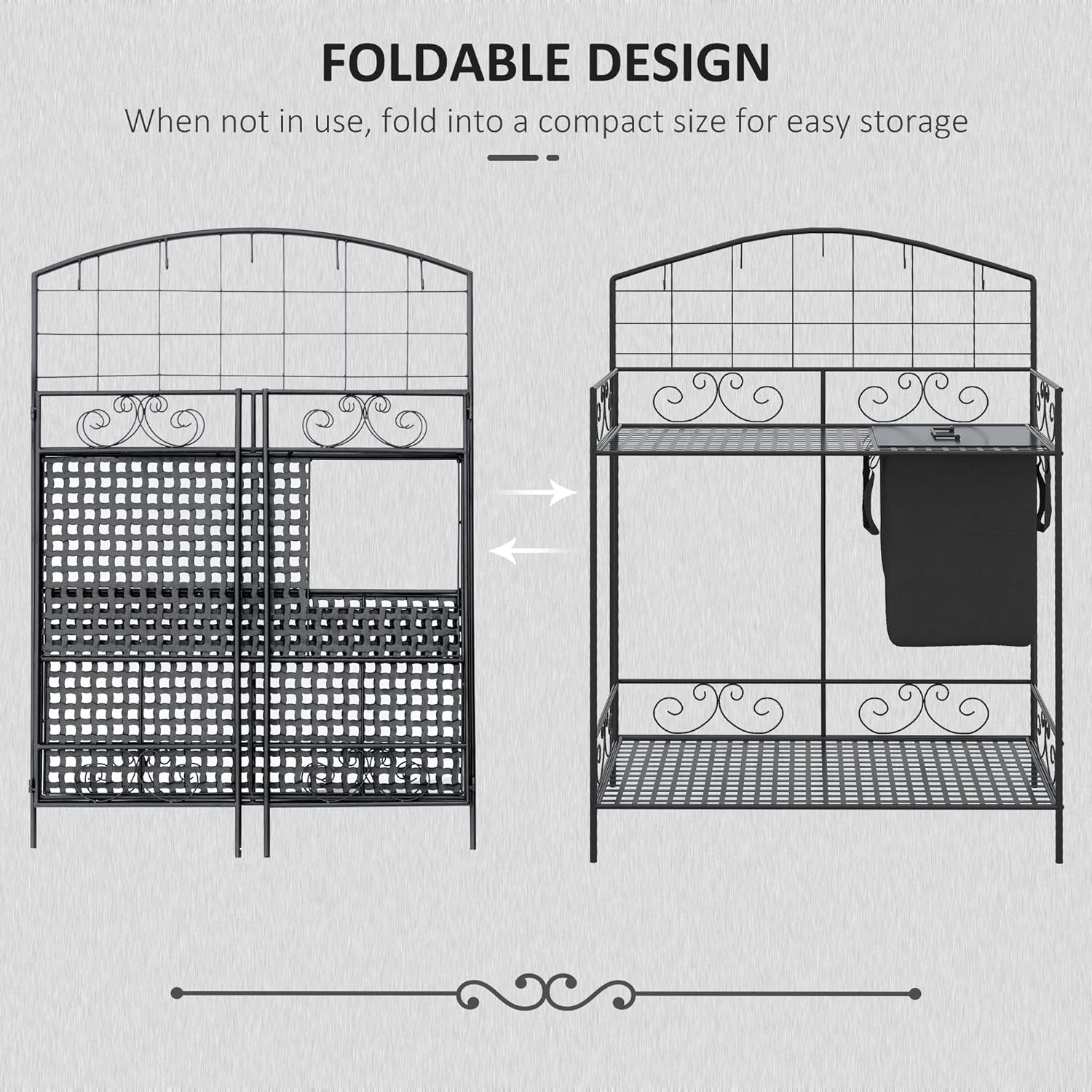 Outsunny Folding Potting Bench Table, Metal Garden Workstation, Work Bench with Large Build-in Bag with Cover, 5 Hanging Hooks & Storage Shelf, Flourishes