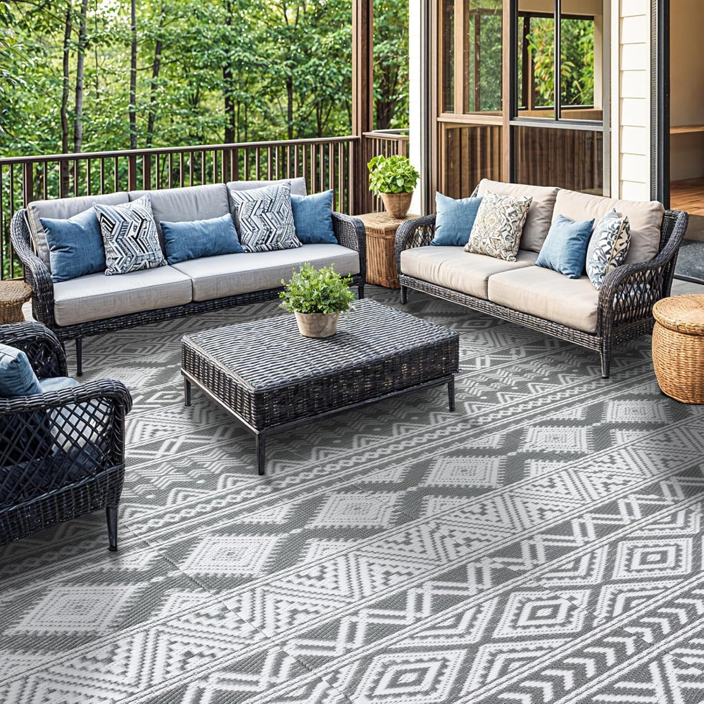 8'x10' Reversible Outdoor Rug - Eco-Friendly Plastic Straw Rug-Heavy-Duty Waterproof Mat, UV & Fade Resistant for Patio, Camping, RV, Deck, Balcony(8x10,Gray&White)