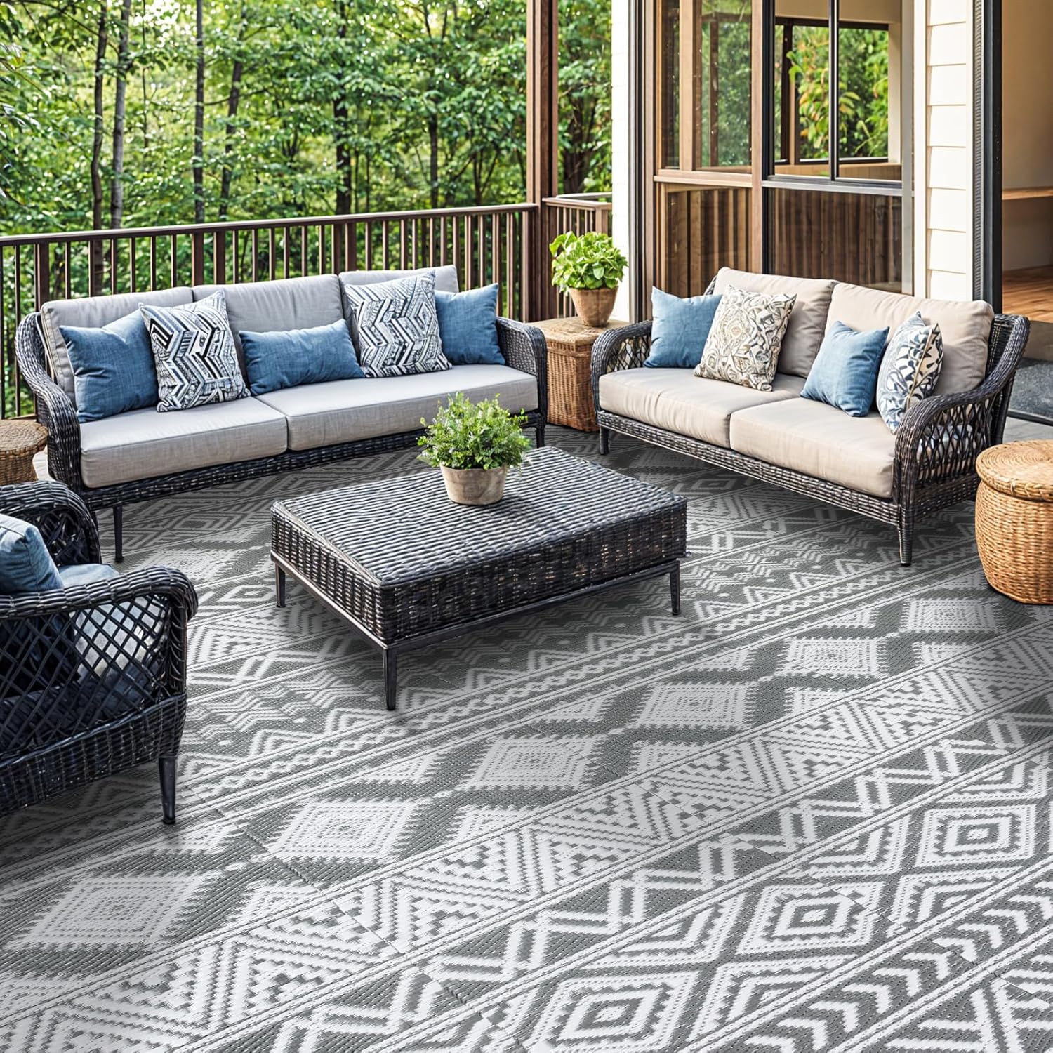 9'x12' Reversible Outdoor Rug - Eco-Friendly Plastic Straw Rug-Heavy-Duty Waterproof Mat, UV & Fade Resistant for Patio, Camping, RV, Deck, Balcony(9x12,Gray&White)