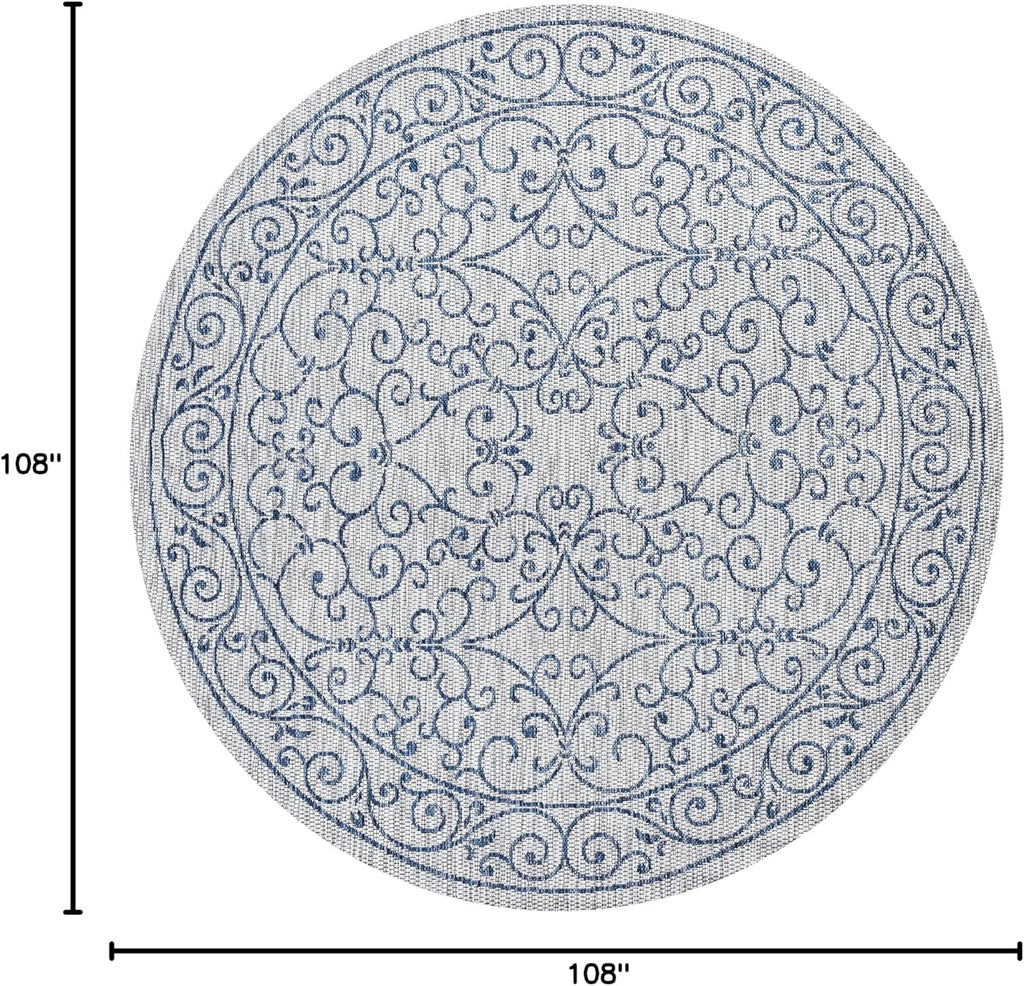 JONATHAN Y SMB106C-9R Charleston Vintage Filigree Textured Weave Gray/Navy 9' Round Indoor/Outdoor Area Rug, Pet Friendly, Non-Shedding, Stain Resistant, Easy-Cleaning for Backyard, Patio, Porch
