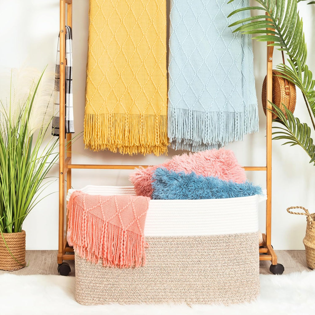 MINTWOOD Design 22in Extra Large Blanket Basket Holder Living Room, Rectangle Rope Woven Storage Basket with Handles for Laundry, Pool Towels, and Shoes, Dog Toy Organizer Bin Box, Light Brown