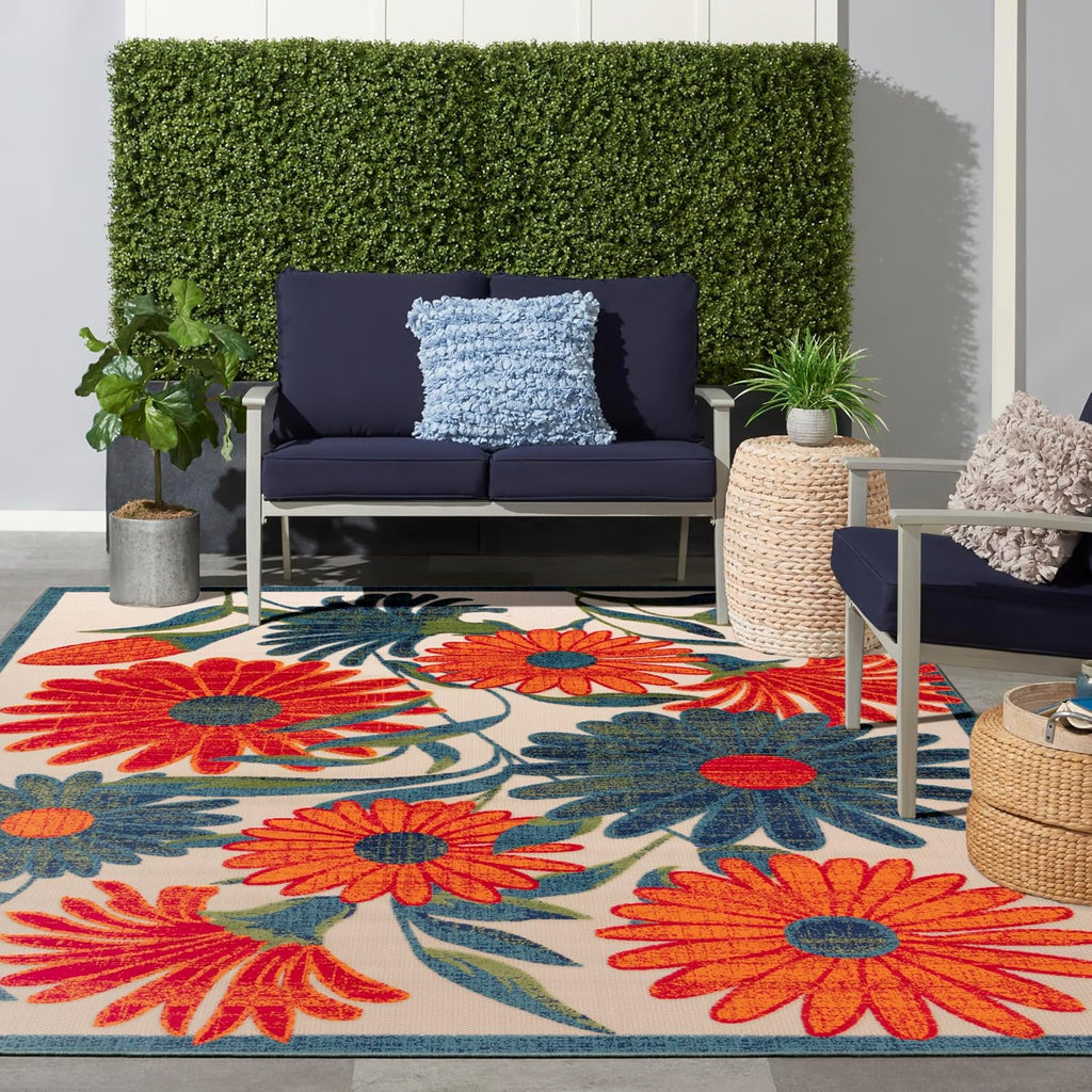 Nourison Home Aloha Indoor/Outdoor Ivory Multicolor 9' x 12' Area Rug, Easy Cleaning, Non-Shedding, Bed Room, Living Room, Dining Room, Backyard, Deck, Patio (9x12)