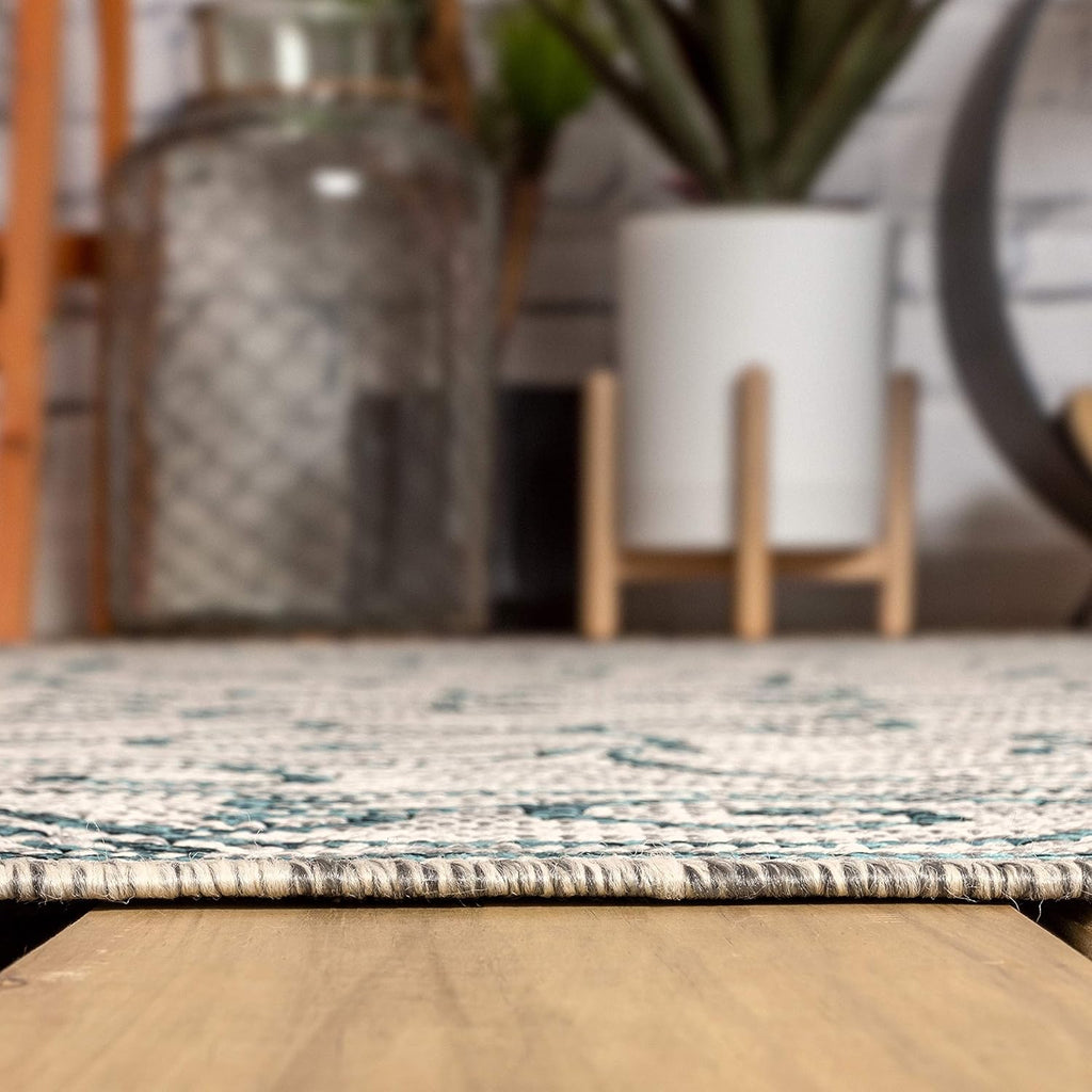 JONATHAN Y SMB106E-9R Charleston Vintage Filigree Textured Weave Gray/Teal 9' Round Indoor/Outdoor Area Rug, Pet Friendly, Non-Shedding, Stain Resistant, Easy-Cleaning for Backyard, Patio, Porch