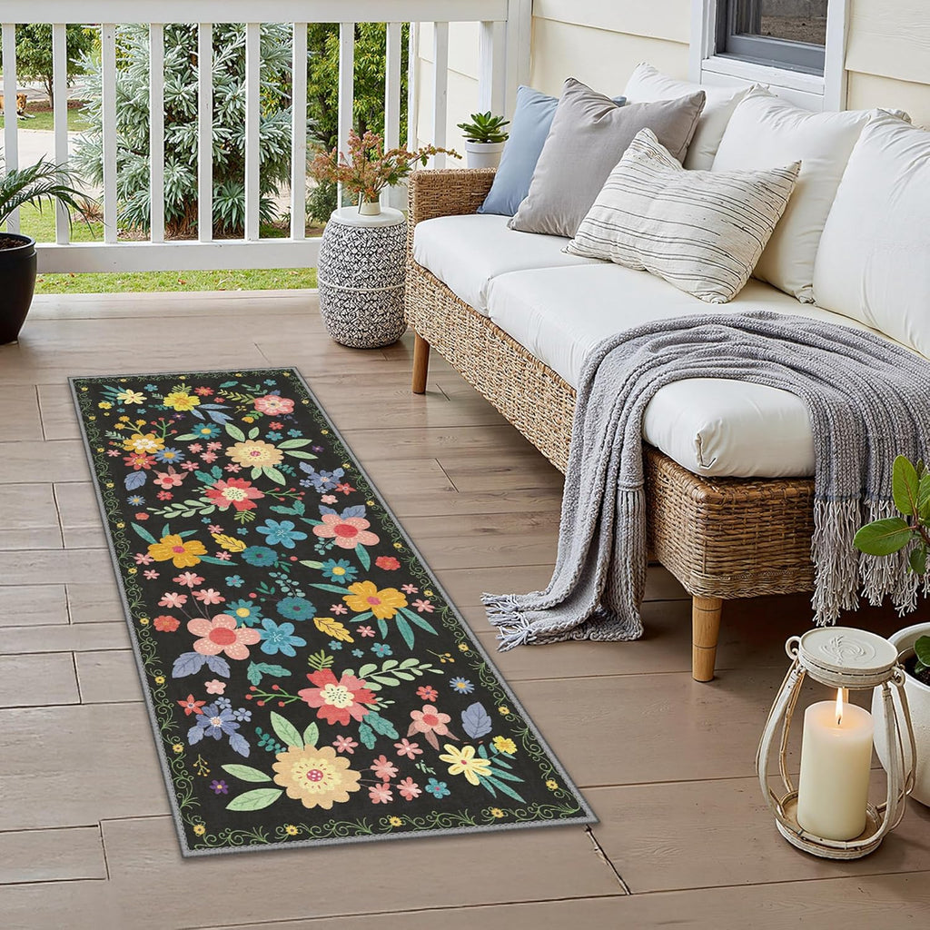 GENIMO Indoor Outdoor Area Rug 2' X 5' Waterproof, Washable Runner Rug Non Shedding, Easy Cleaning Floral Outdoor Carpet for Patio, Living Room, Bedroom, Entryway, Porch, Dining Room, Black