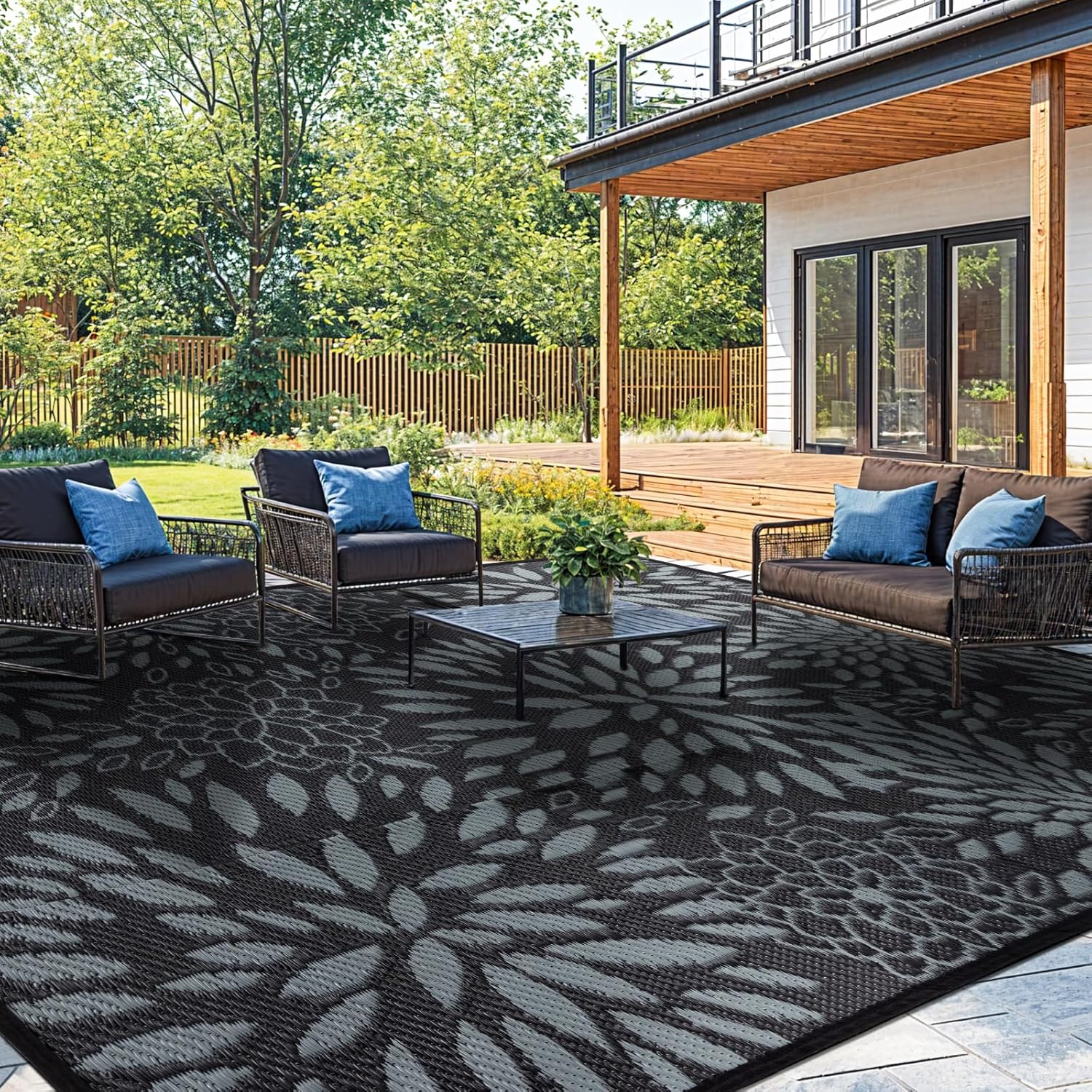 5'x8' Reversible Outdoor Rug - Eco-Friendly Plastic Straw Rug-Heavy-Duty Waterproof Mat, UV & Fade Resistant for Patio, Camping, RV, Deck, Balcony(5x8,Black&Floral)