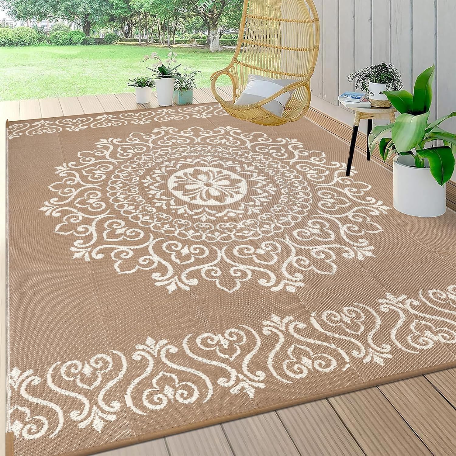 Pauwer Waterproof Outdoor Rug 6x9, Reversible Plastic Straw Patio Camping Rug, Indoor Outdoor RV Mat Carpet for Deck, Camper, Porch, Balcony, Backyard, Picnic, Floral Brown